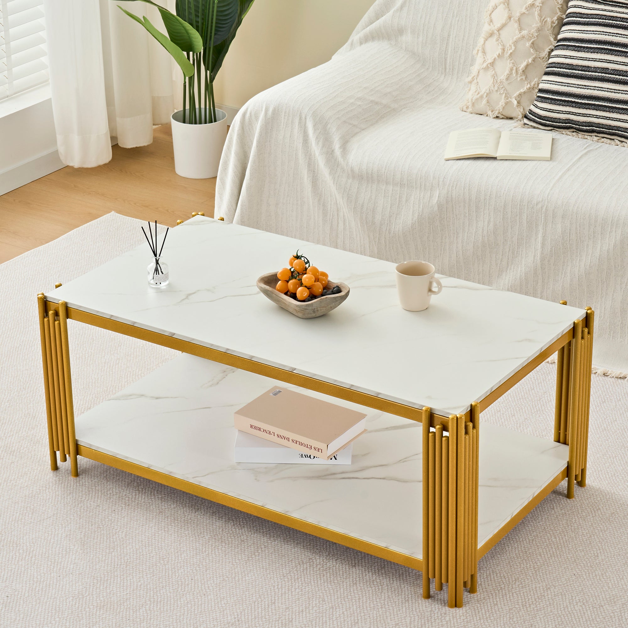 Coffee Table Rectangular Marble Effect Metal Legs - White/Gold