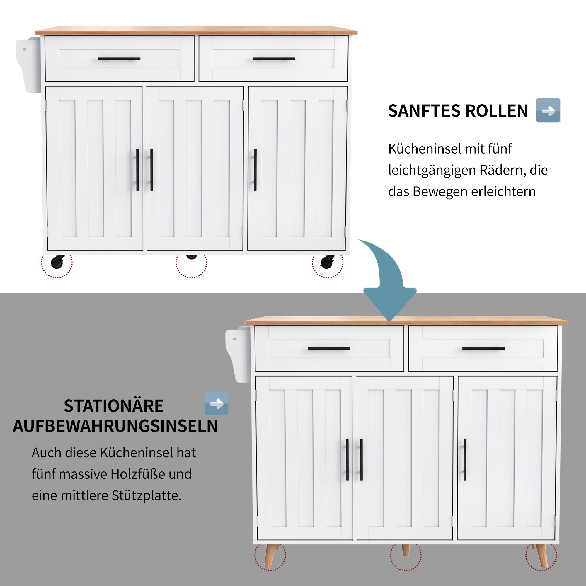 Dining Cart Sideboard 129cm Folding Worktop Storage Cabinet Wheels Reversible Feet - Wood Grain & White