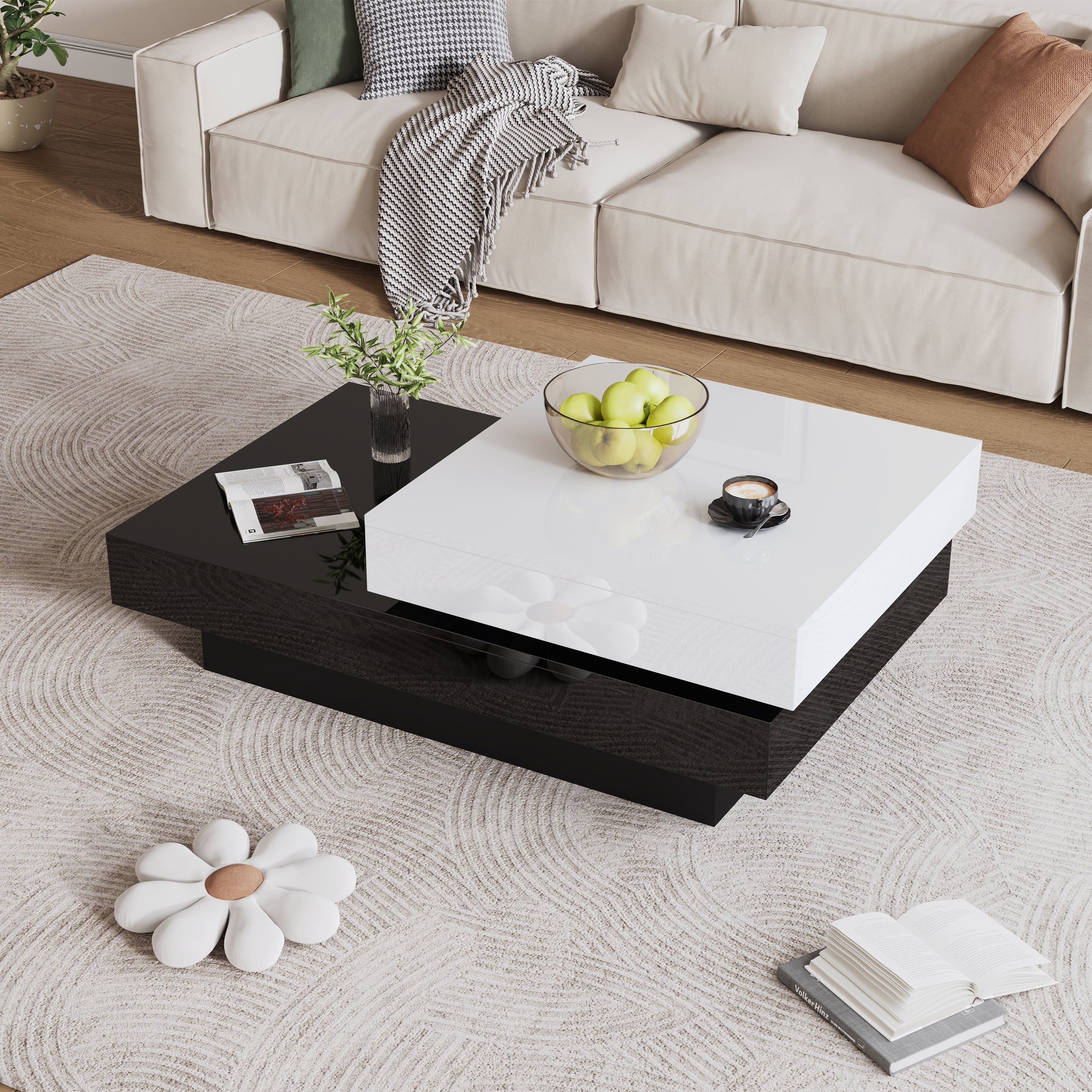 Rotating Coffee Table, Double-Layer with High Gloss Surface, Black and White