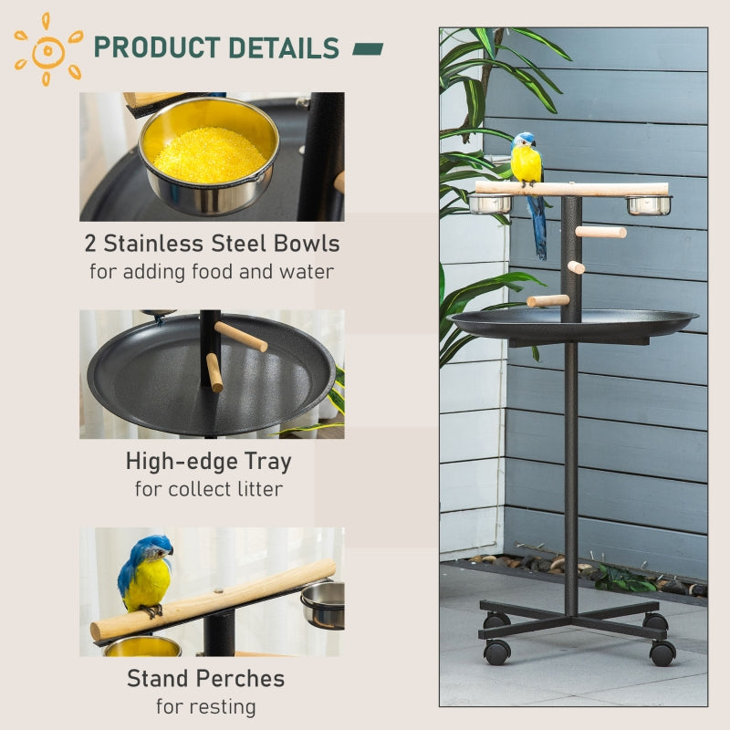 Metal Bird Table Play Stand, Bird Feeder Station, Four Wheels, Feeding Bowls, Round Tray