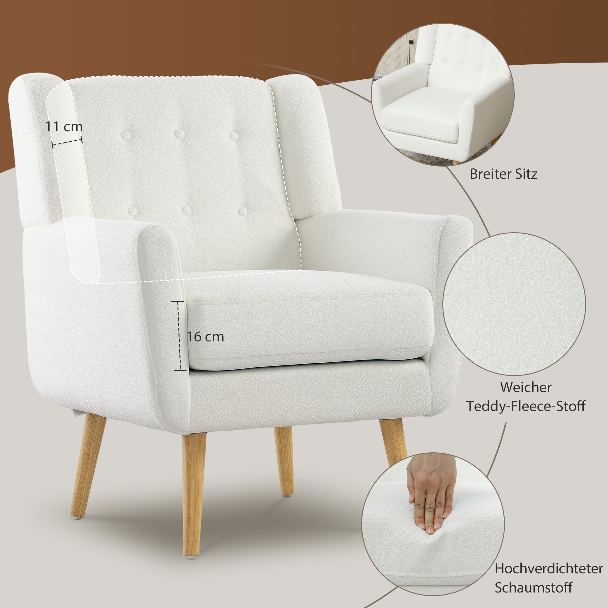 Armchair Tufted Lounge Chair with Teddy Fleece, White