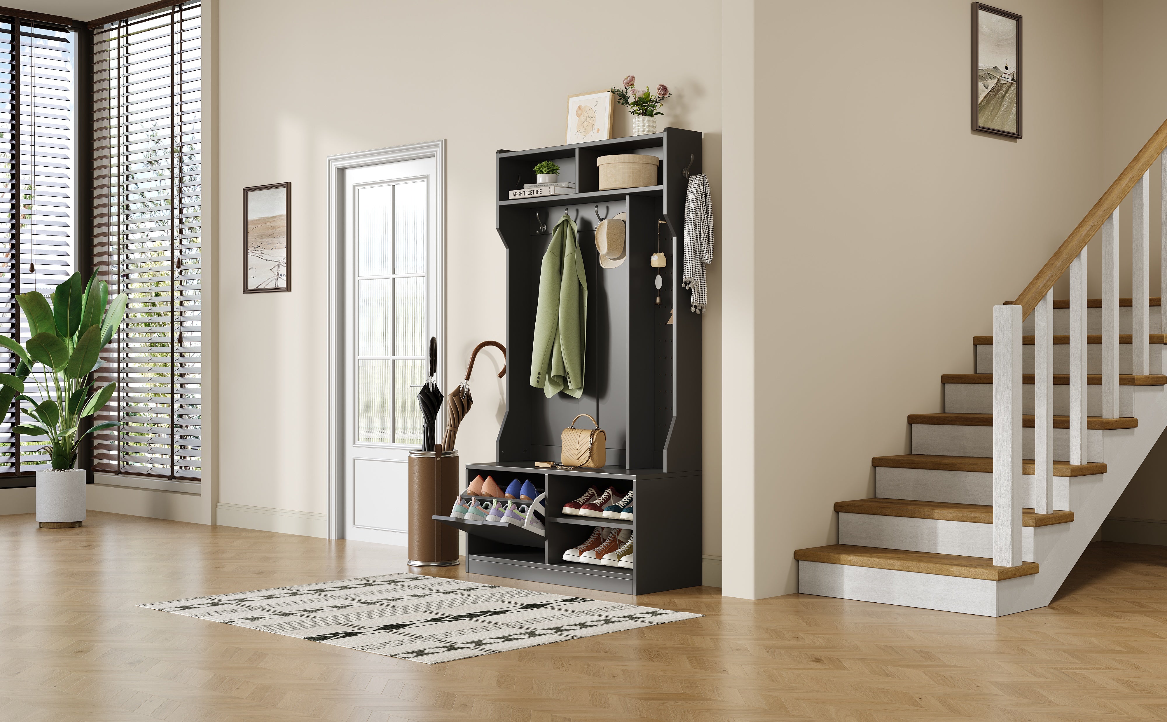 Wardrobe Set Hallway Bench Storage 6 Hooks Black