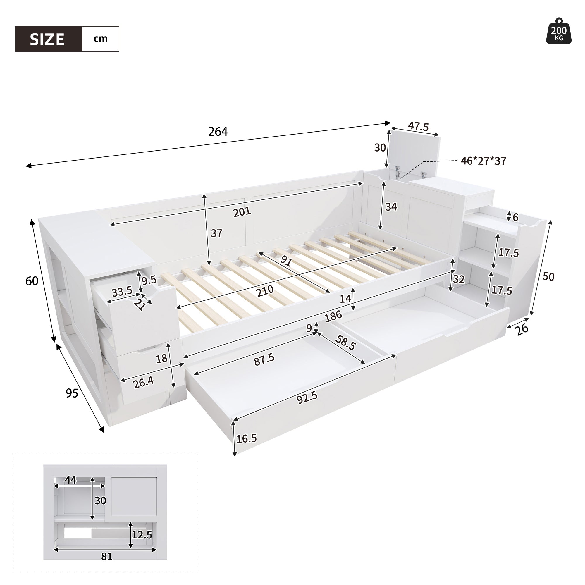 Children's Daybed 90x200cm Multifunctional Single Bed with Storage Drawers Shelves and Bedside Table White