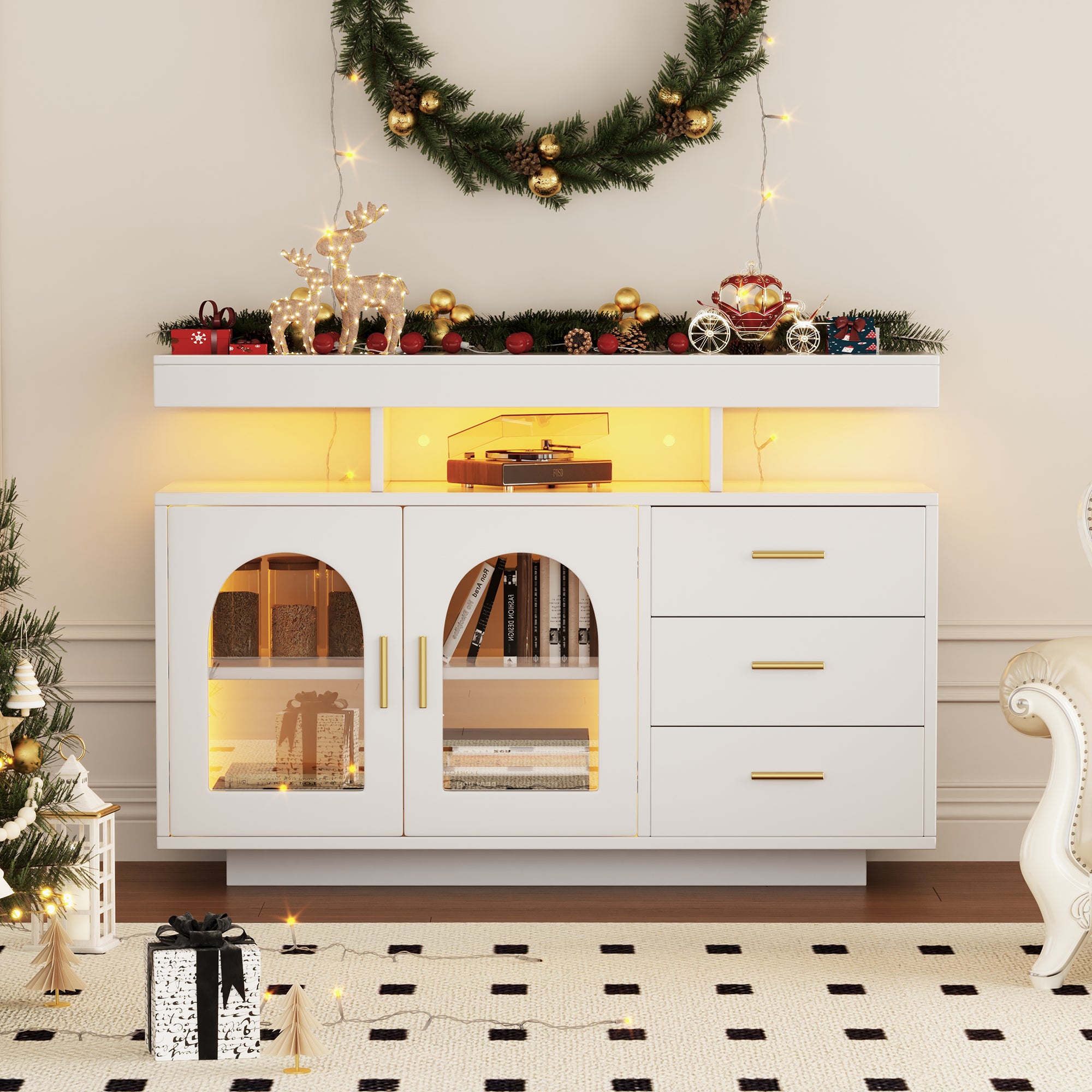 LED Sideboard Buffet, 120 cm Large Coffee Bar Cabinet, High Gloss White