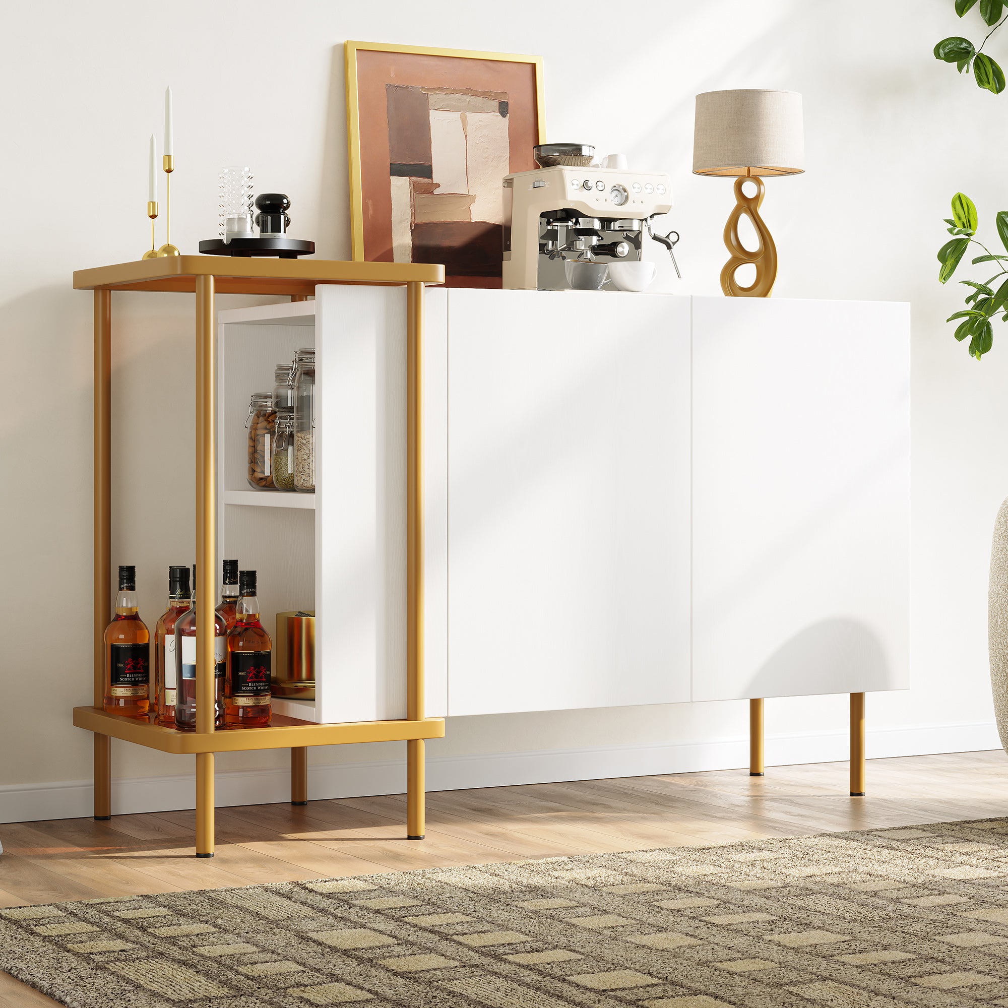 Sideboard Cabinet & Coffee Table, 2 Doors 2 Open Compartments, Metal/Glass White, 120 x 40 x 77.5 cm