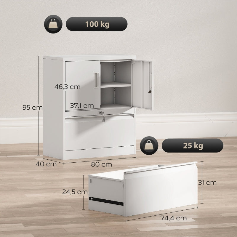 Filing Cabinet Lockable 2 Doors Adjustable Shelves Steel - White