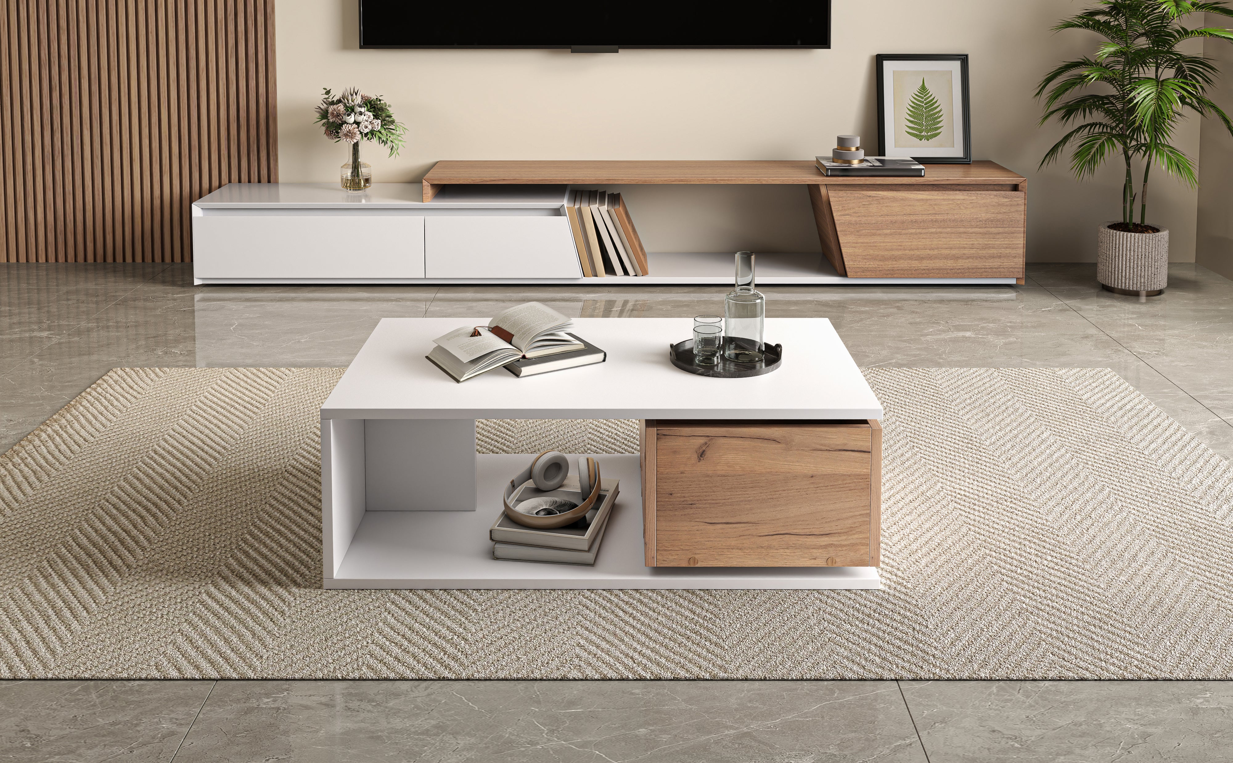 Coffee Table High-Gloss 360° Rotating Drawer Storage 90x50x30cm - White/Wood