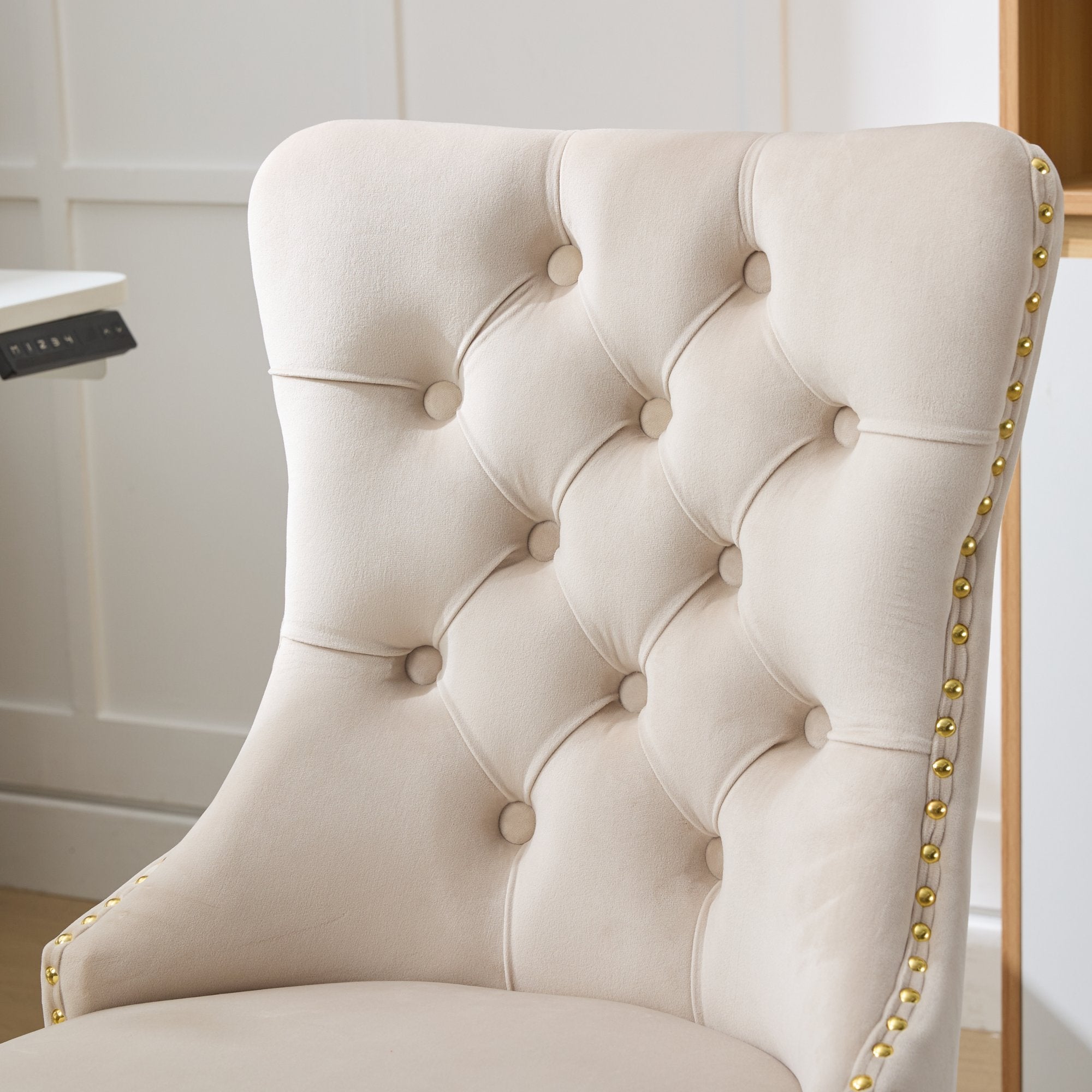 Home Office Chair Tufted Adjustable Swivel Golden Base - Beige Velvet