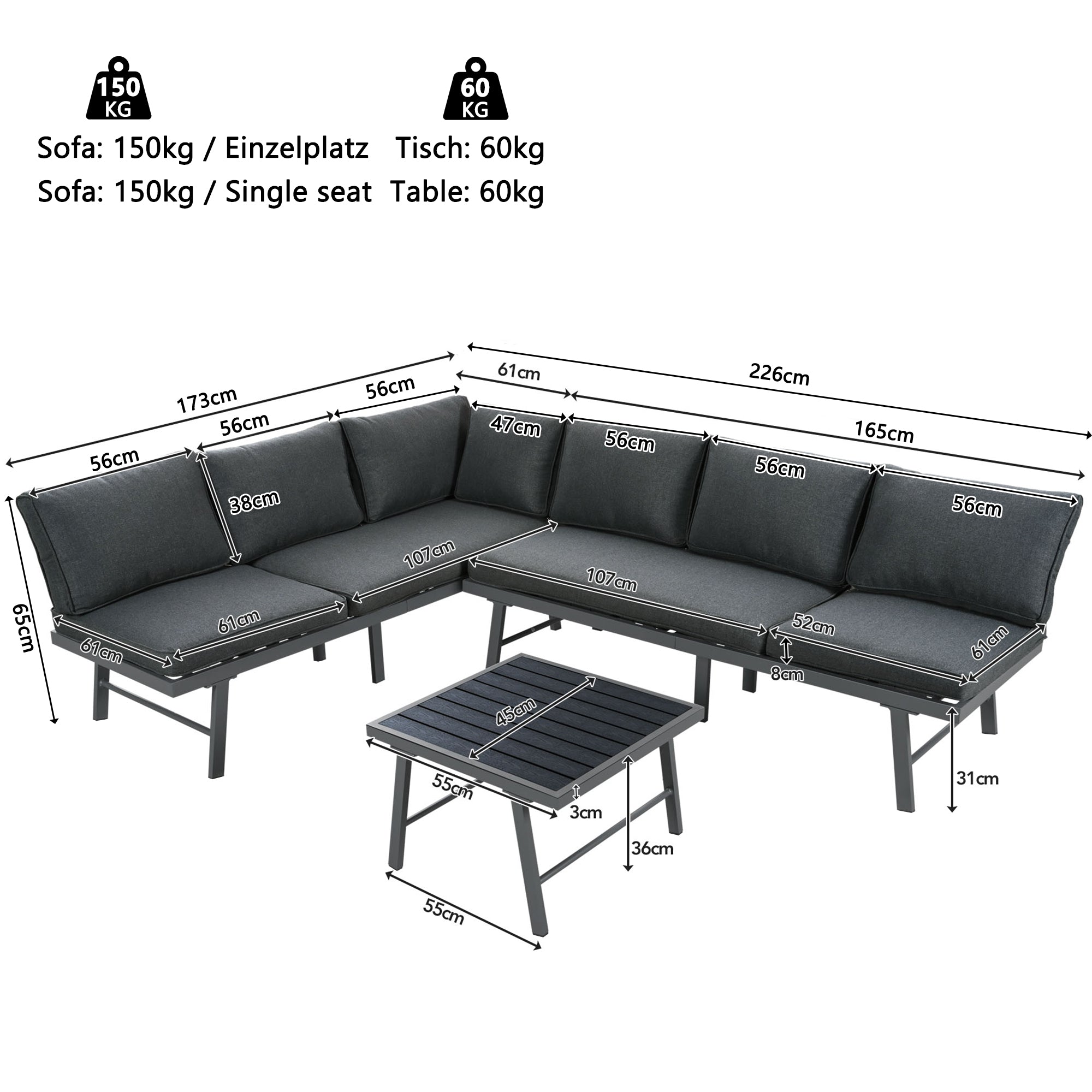 Garden furniture set lounge chair set 5-6 people 2 3-seater sofas 1 table with 7 gray cushions dark gray galvanized iron