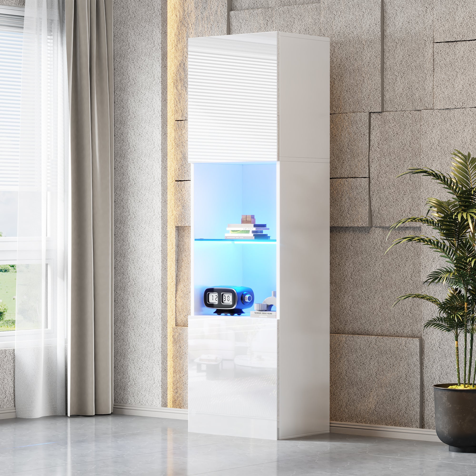 Display Cabinet with LED Lighting, 1 Glass Shelf, 45x35x160 cm, High-Gloss White