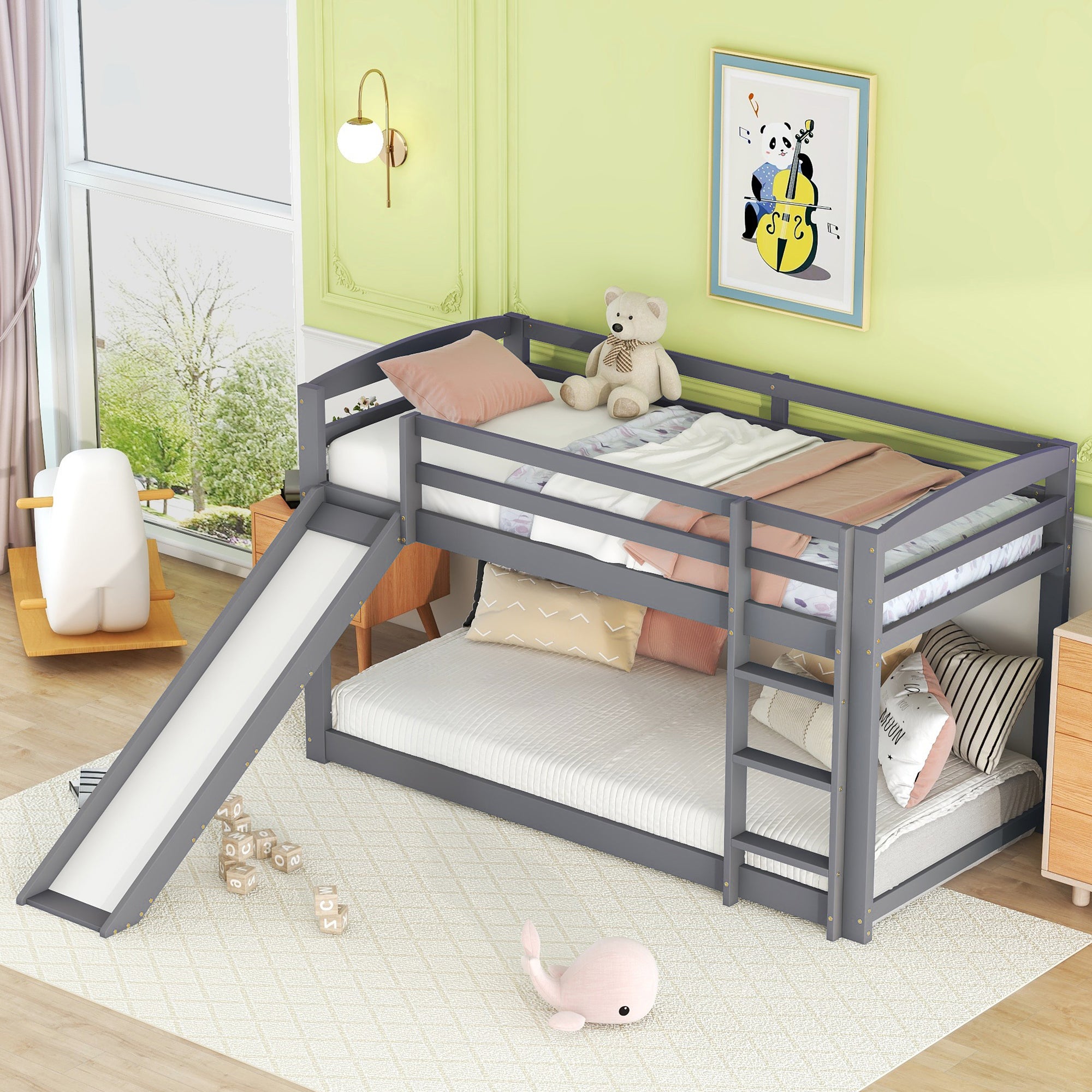 Bunk Bed for Children and Teenagers, Slide Solid Wood Frame 90x200cm, Grey
