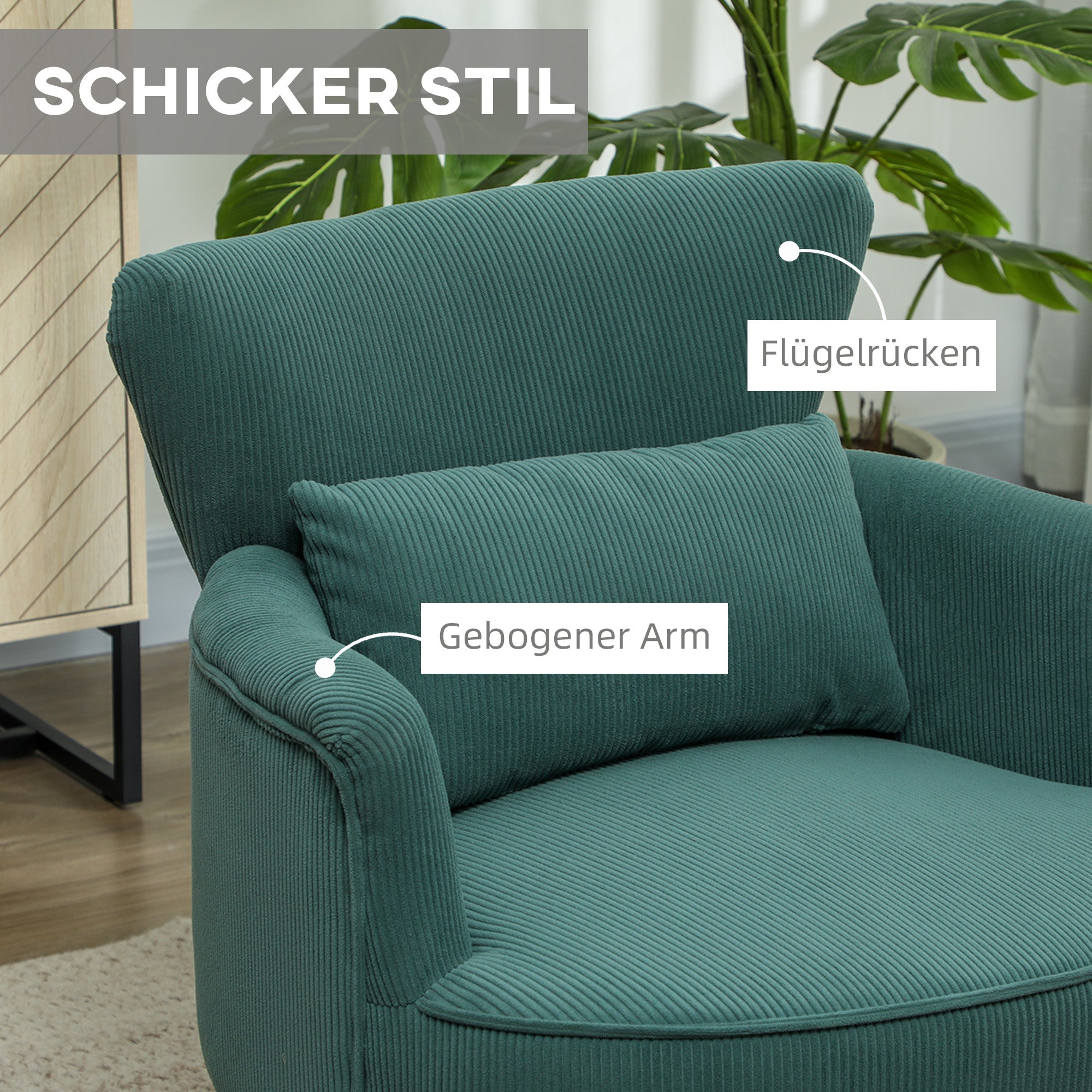 Armchair Lounge Chair Upholstered Corduroy Look Wooden Legs Dark Green