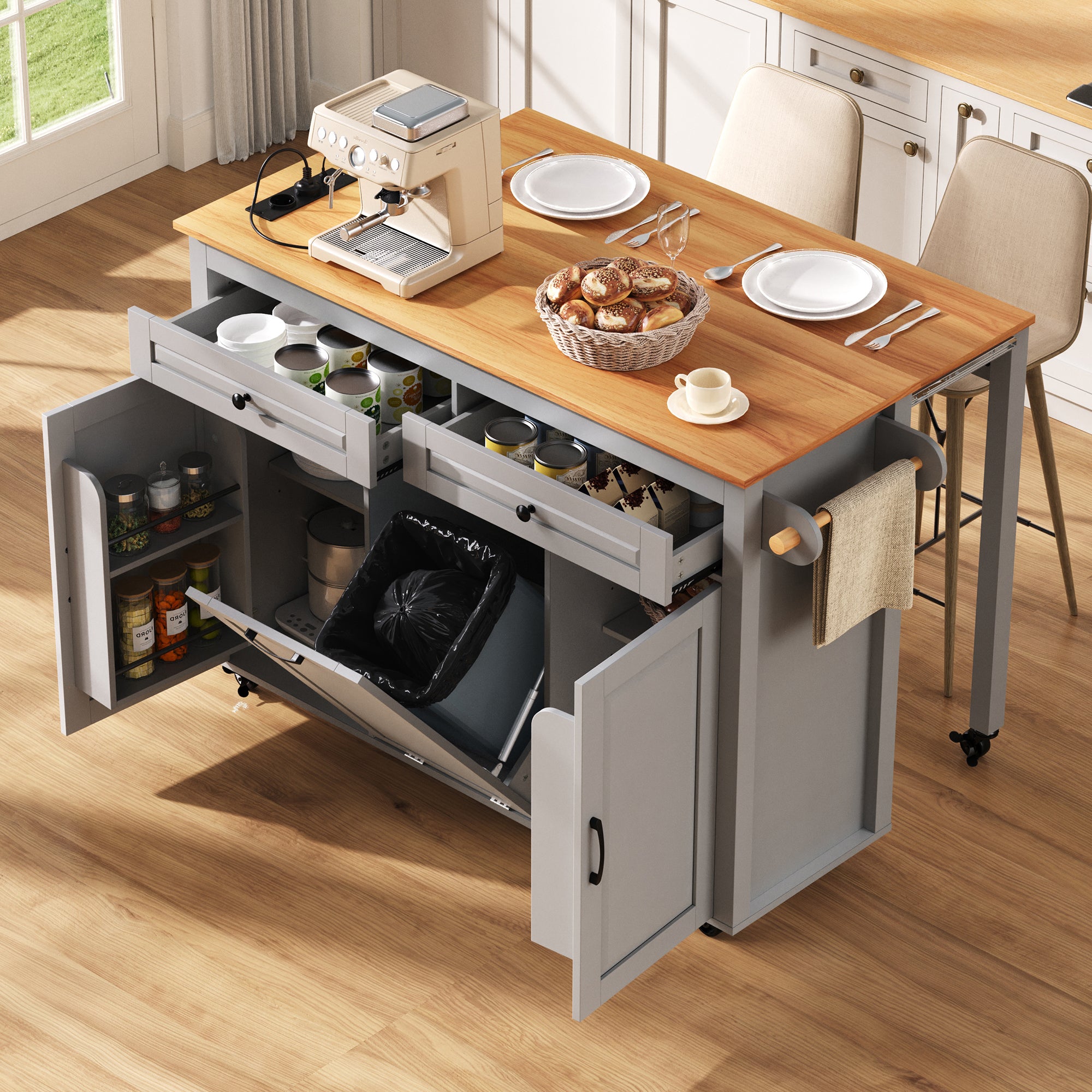 Kitchen Island on Wheels Extendable Worktop Waste Bin Power Strips - Grey