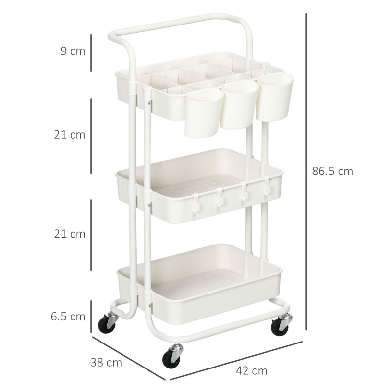 Three-Tier Home Trolley, Handle and Wheels Storage - White