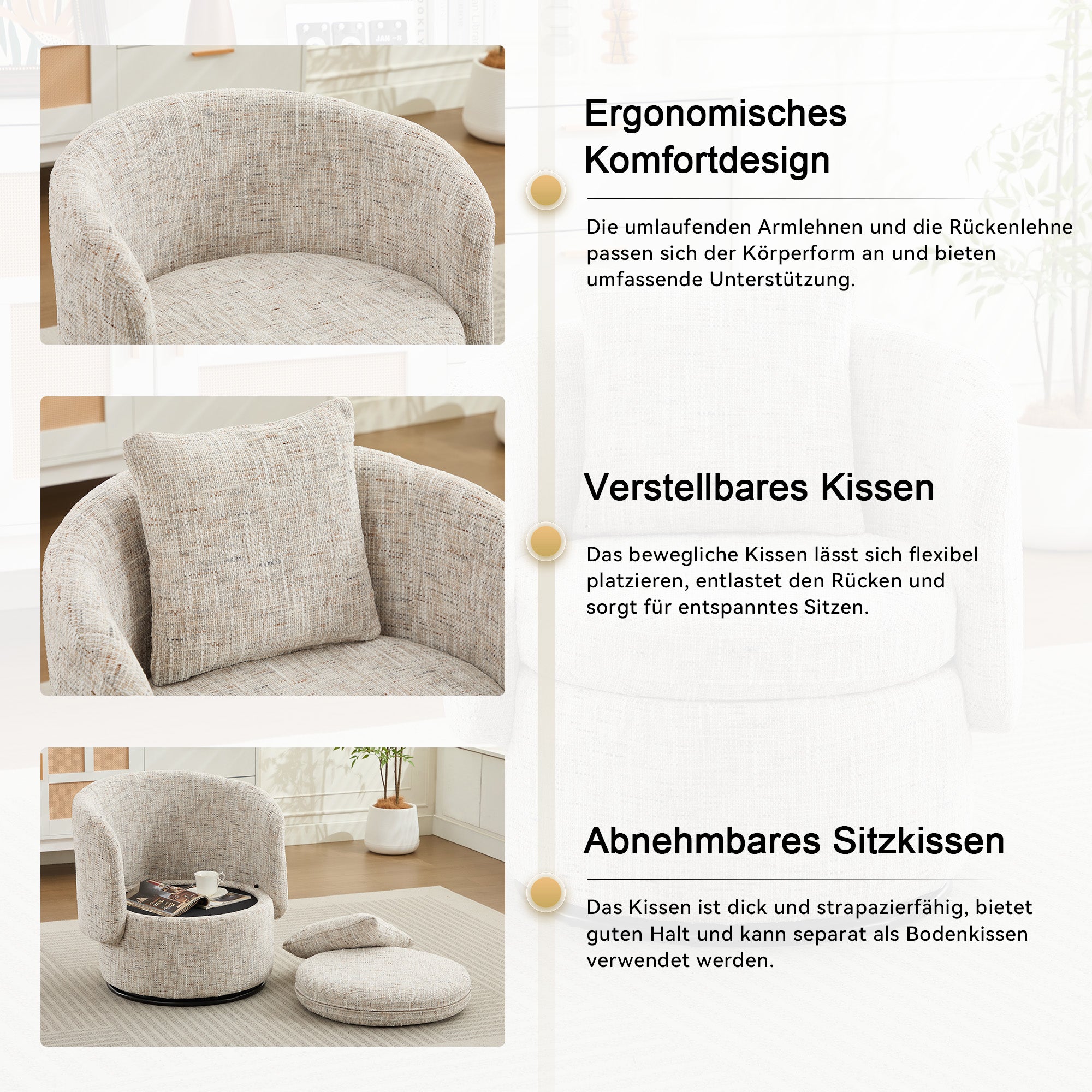 028 Swivel Armchair, 360° Rotating, Hidden Storage, Chenille Ivory