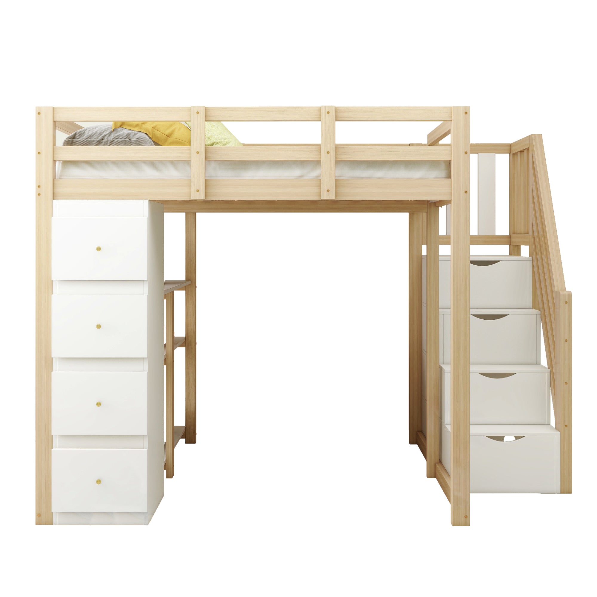 Loft Bed 140x200cm with Storage Drawers, Shelves, & Ladder, Solid Wood