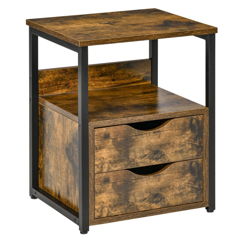 Industrial Side Table with Drawer and Storage Shelf, Slim Nightstand, Rustic Brown