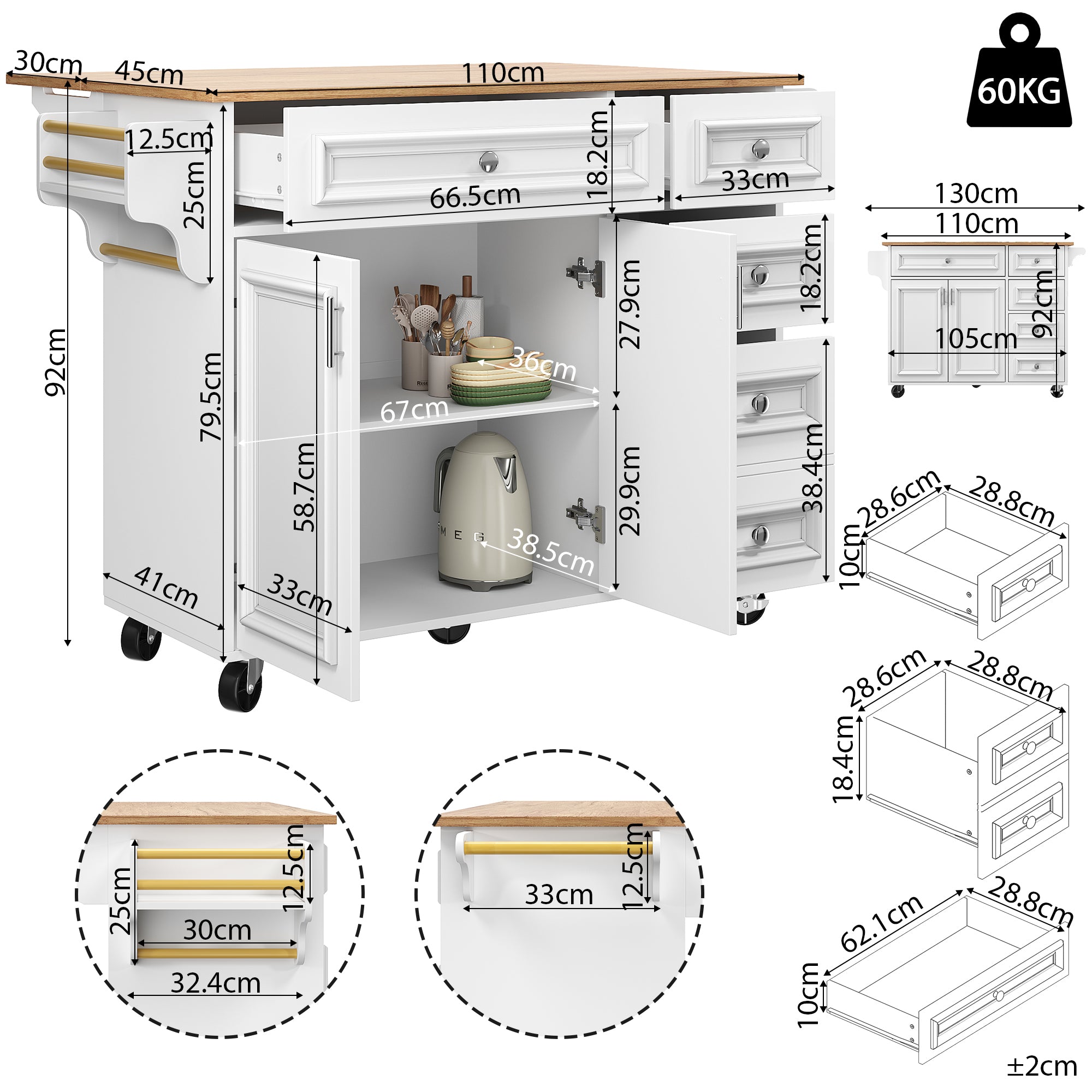 Kitchen Island Multifunctional Dining Table Removable Trolley Storage - White