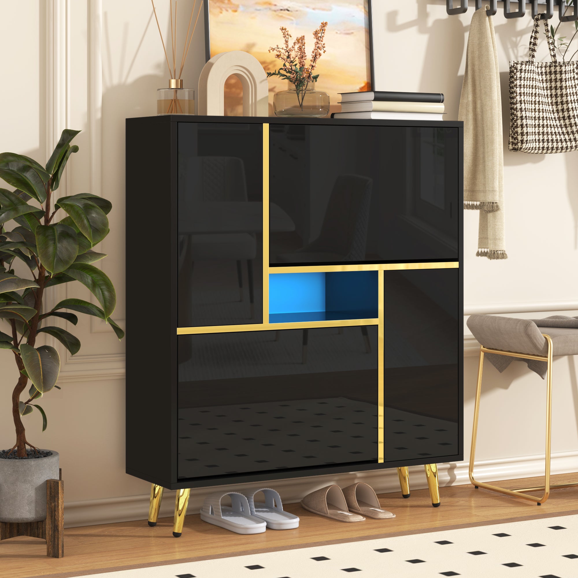 Modern shoe cabinet, high-gloss front, 16-color LED light, black