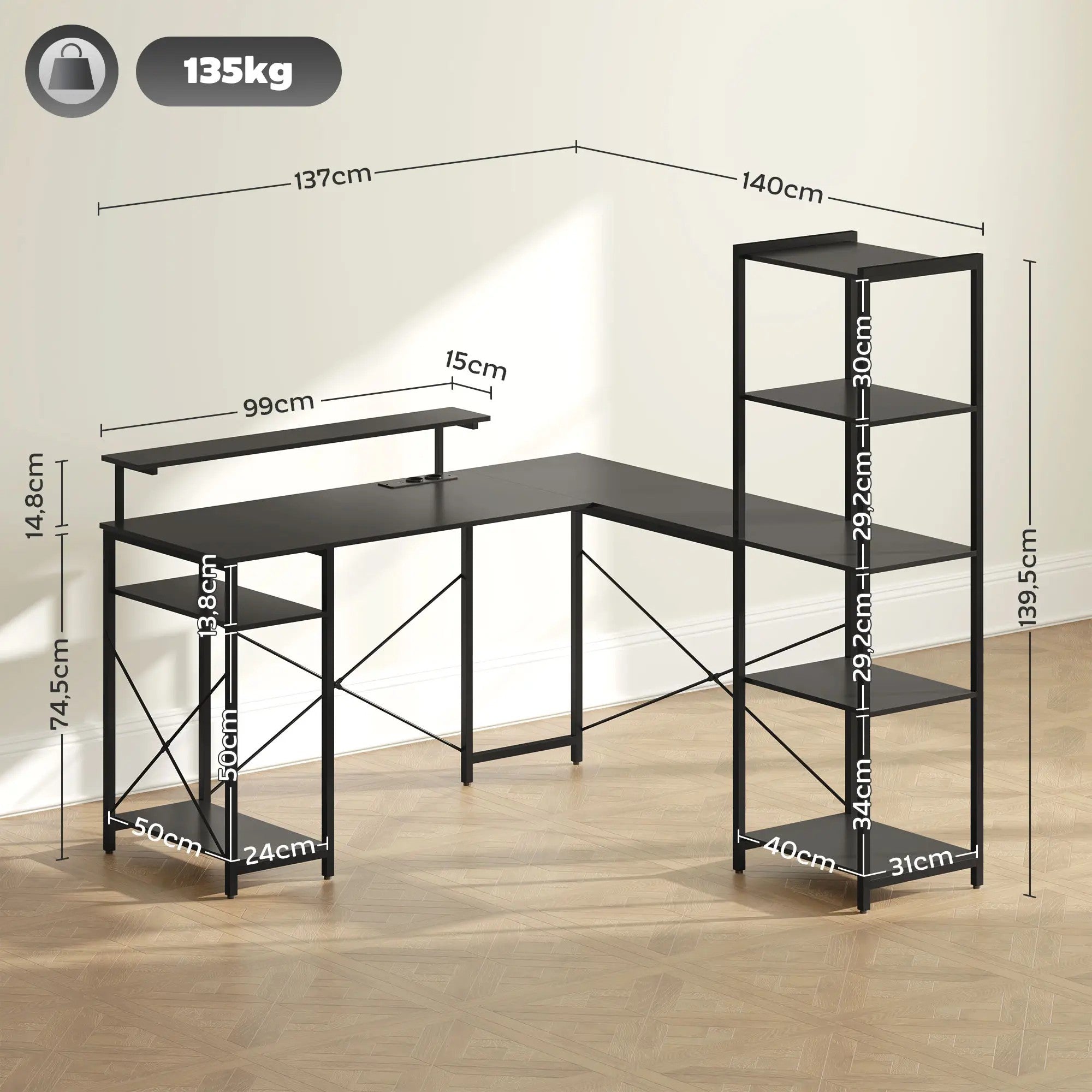 Desk L-Shaped Corner with 6 Shelves Monitor Stand USB Power Outlet, Black
