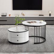 Coffee Table Set, Round Nesting with Drawers, White Marble Look