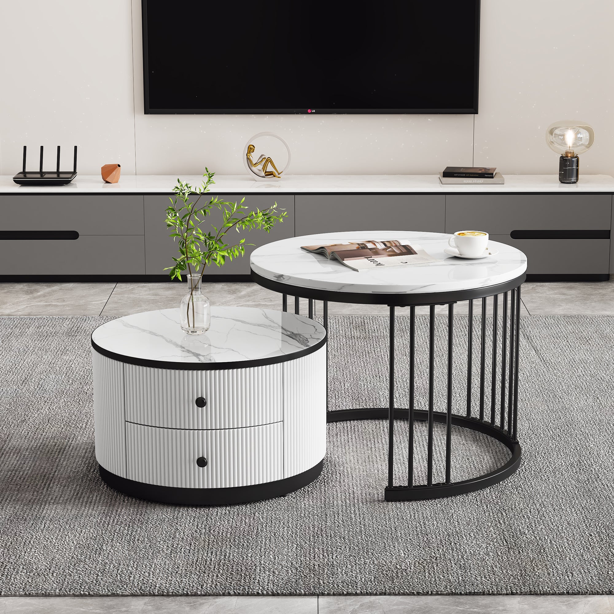 Coffee Table Set, Round Nesting with Drawers, White Marble Look
