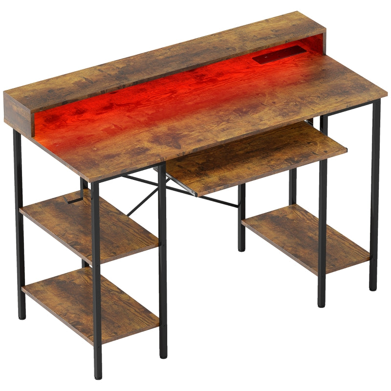 Computer Desk, LED Lights Power Outlets Monitor Stand Storage, Rustic Brown