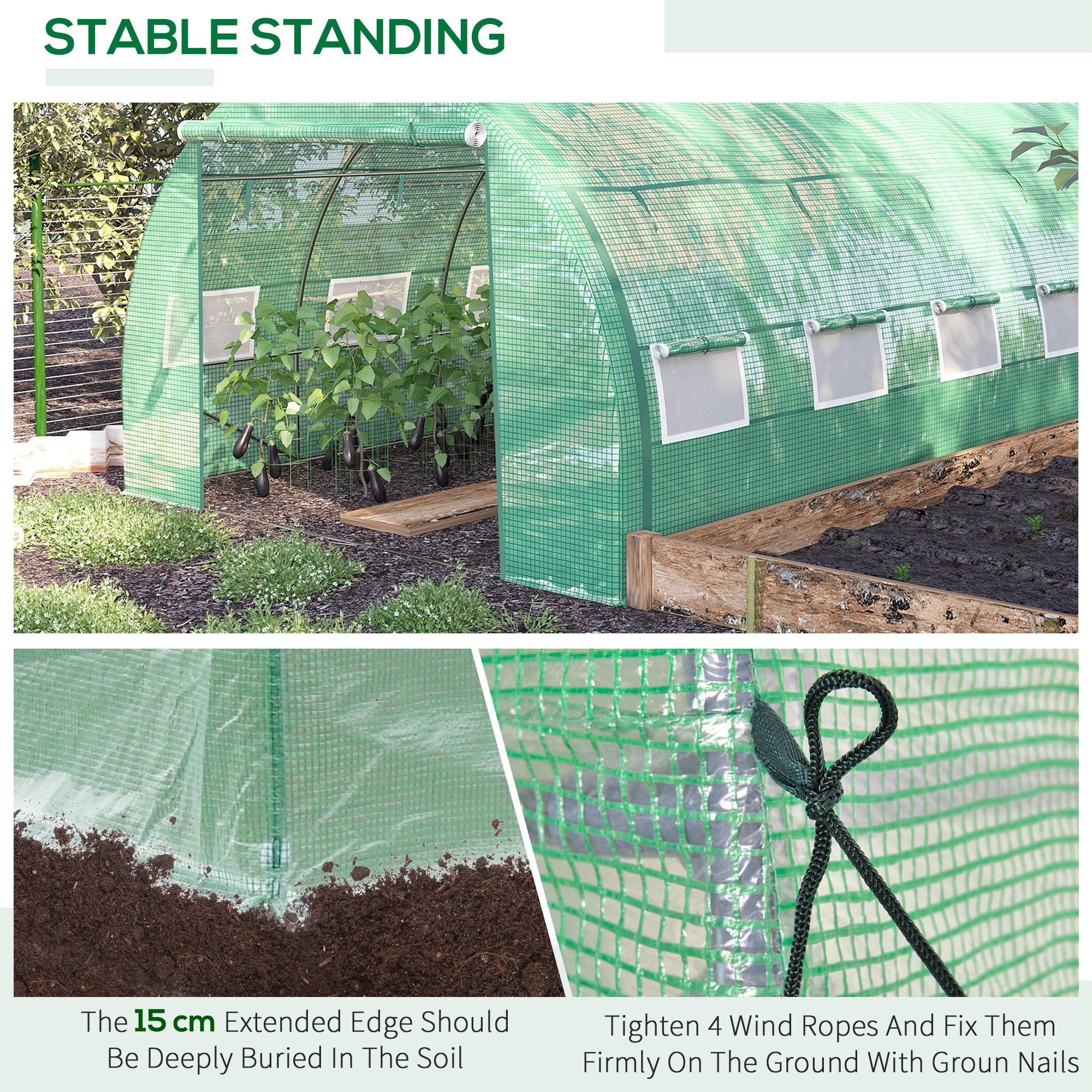 Polytunnel Greenhouse Grow House with Roll-up Sidewalls, Zipped Door and 8 Windows, Green