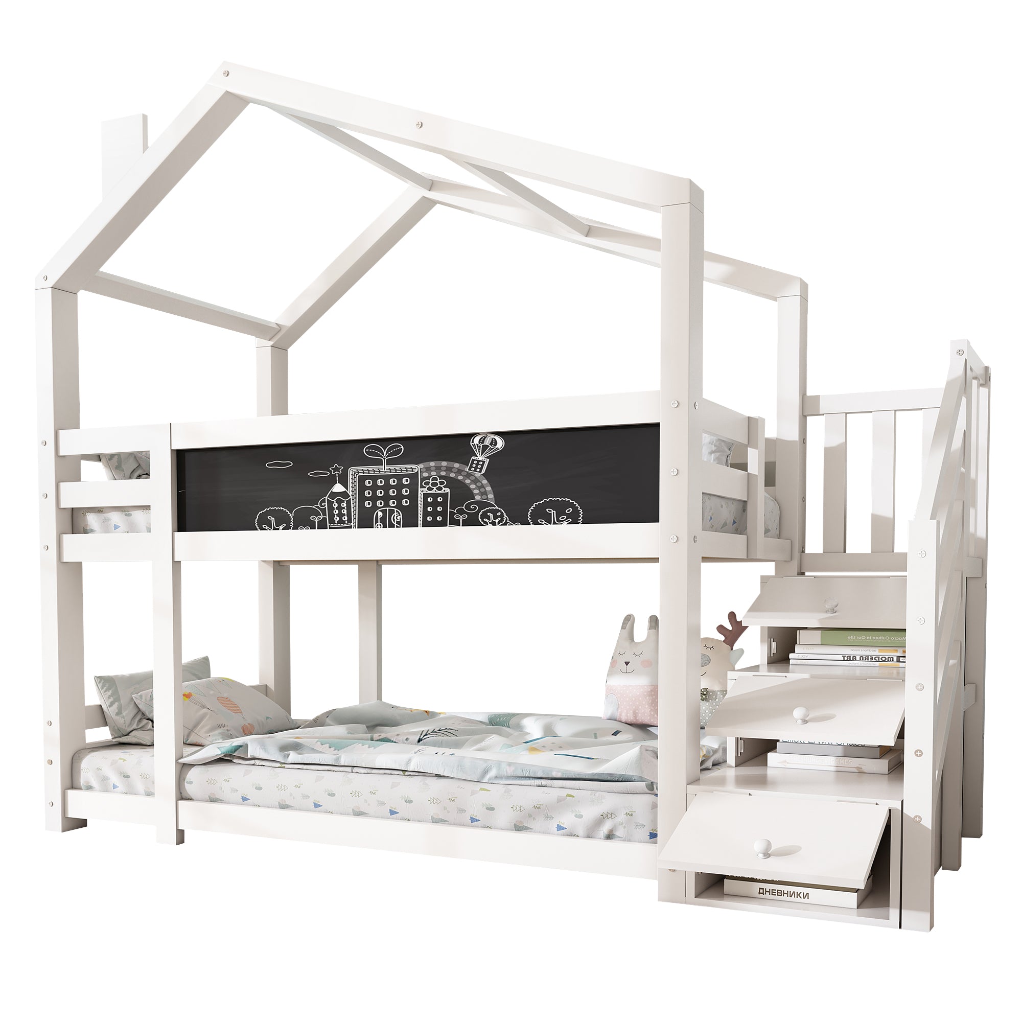 Children's Treehouse Bunk Bed 90x200cm, Storage, Fall Protection, White