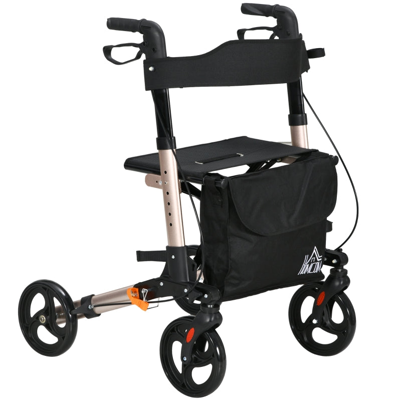4 Wheel Rollator, Folding Mobility Walker with Seat and Brakes, Lightweight Aluminium, Gold Tone