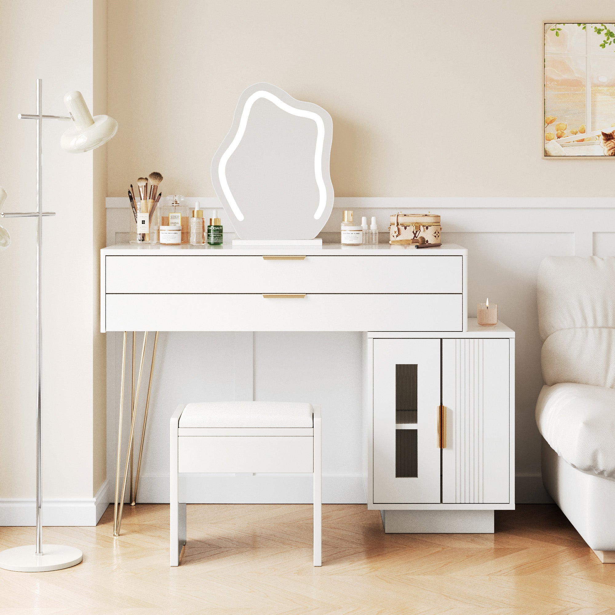 Dressing table with LED-lit mirror, extendable design, white