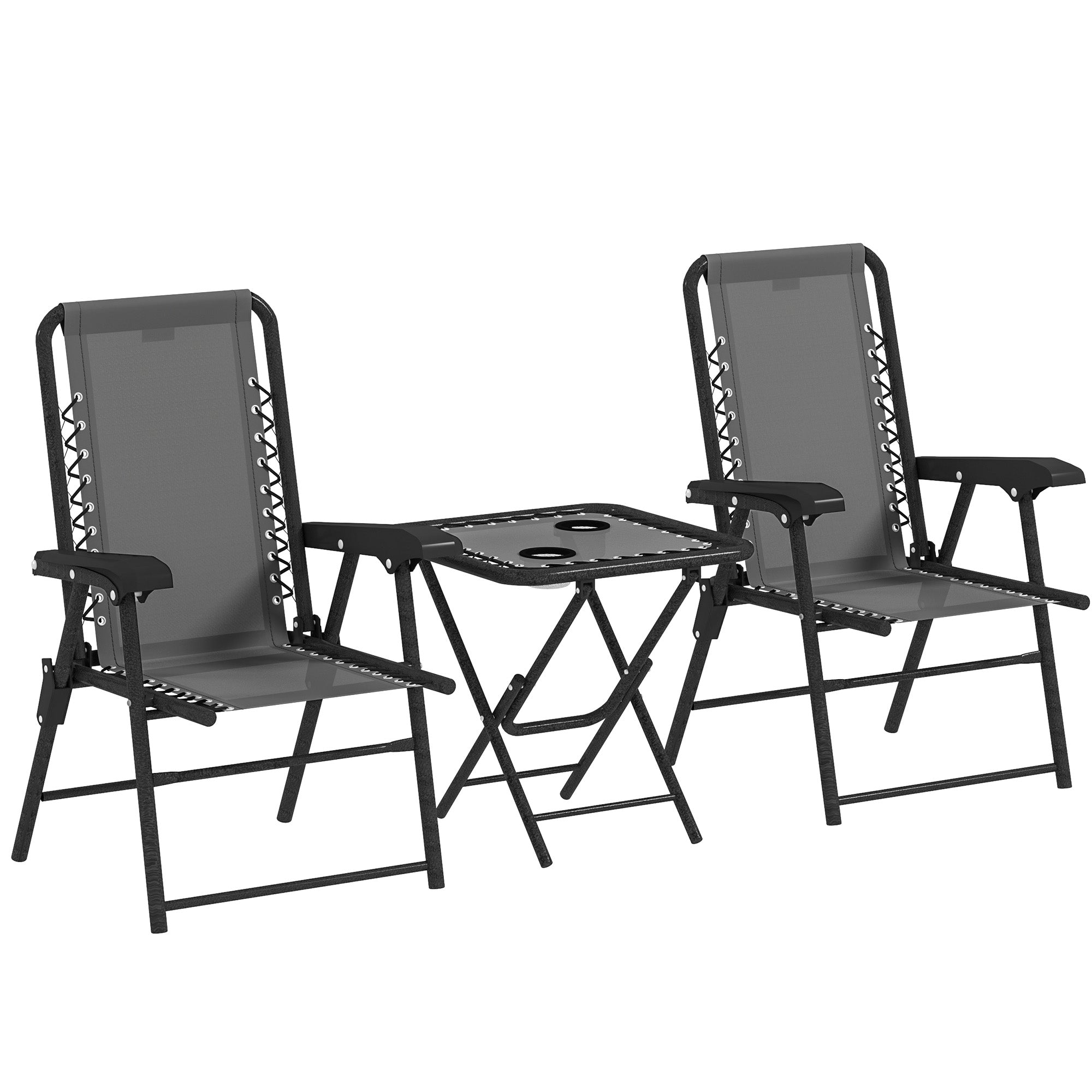 Three-Piece Garden Table and Chair Set, Folding Bistro Mesh-Top, Dark Grey