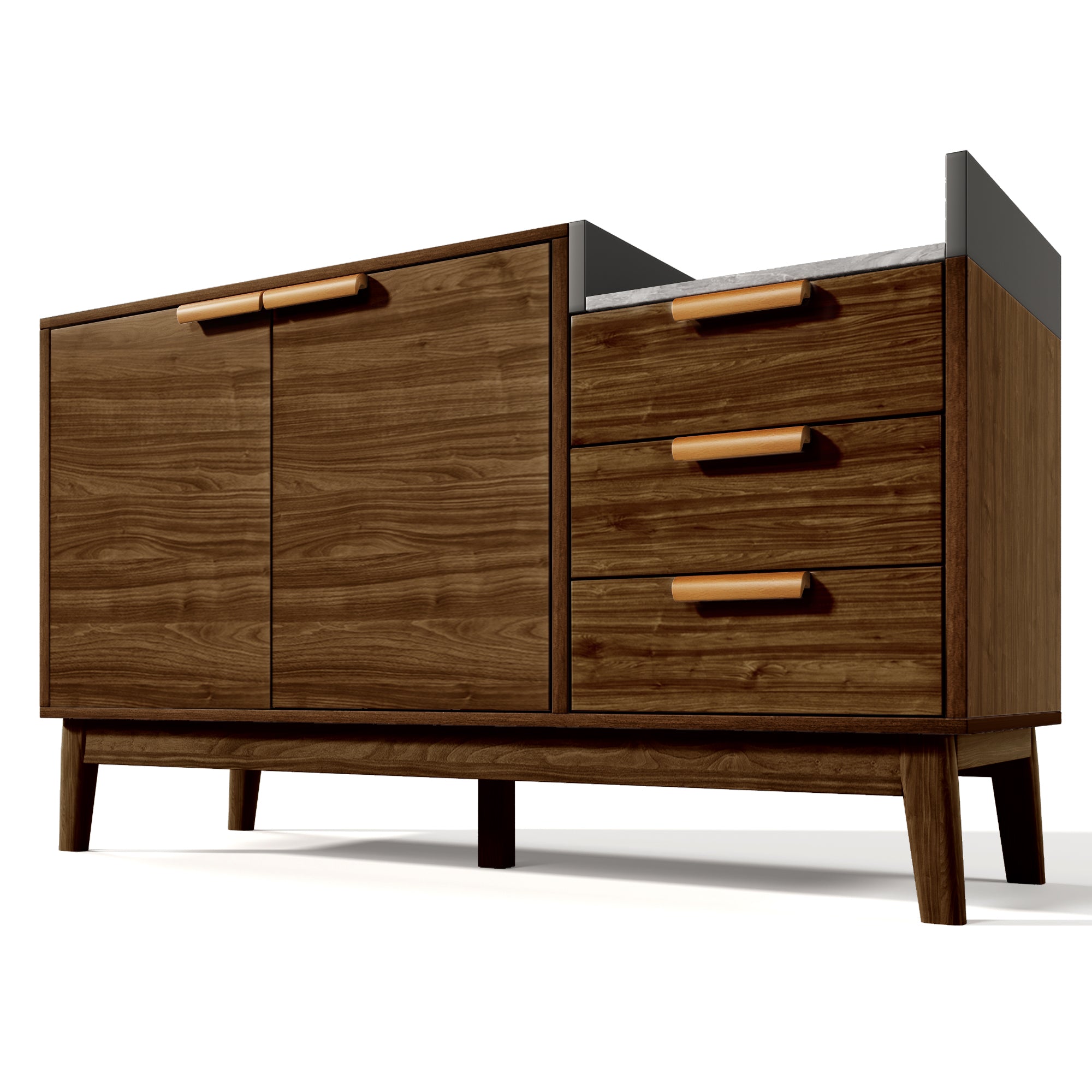 Chest of Drawers, Open Shelf, 3 Drawers & Double-Door Cabinet, Oak with Marble-Effect