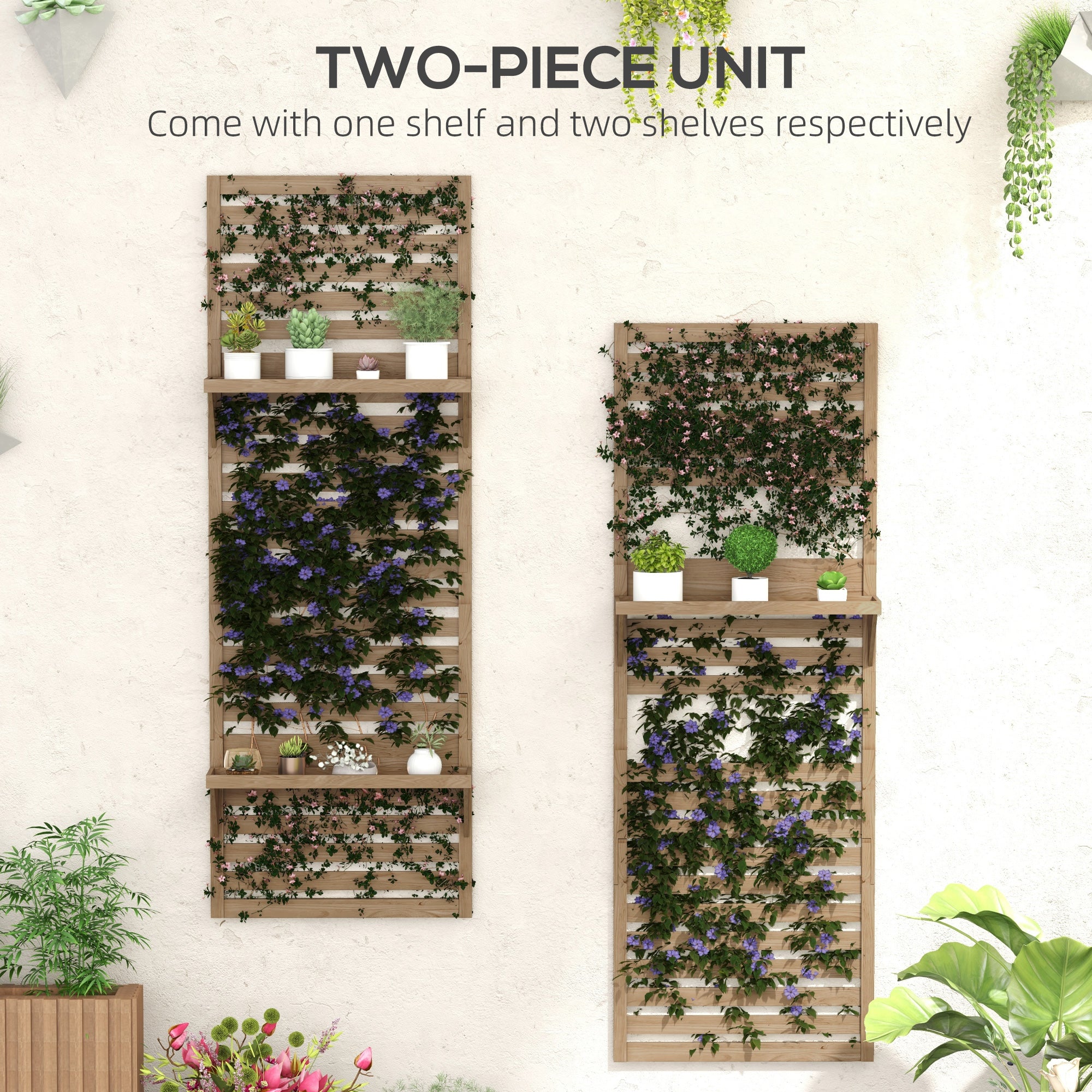 Wall Mounted Plant Stands Set of 2, Shelves Slatted Trellis, Fir Wood