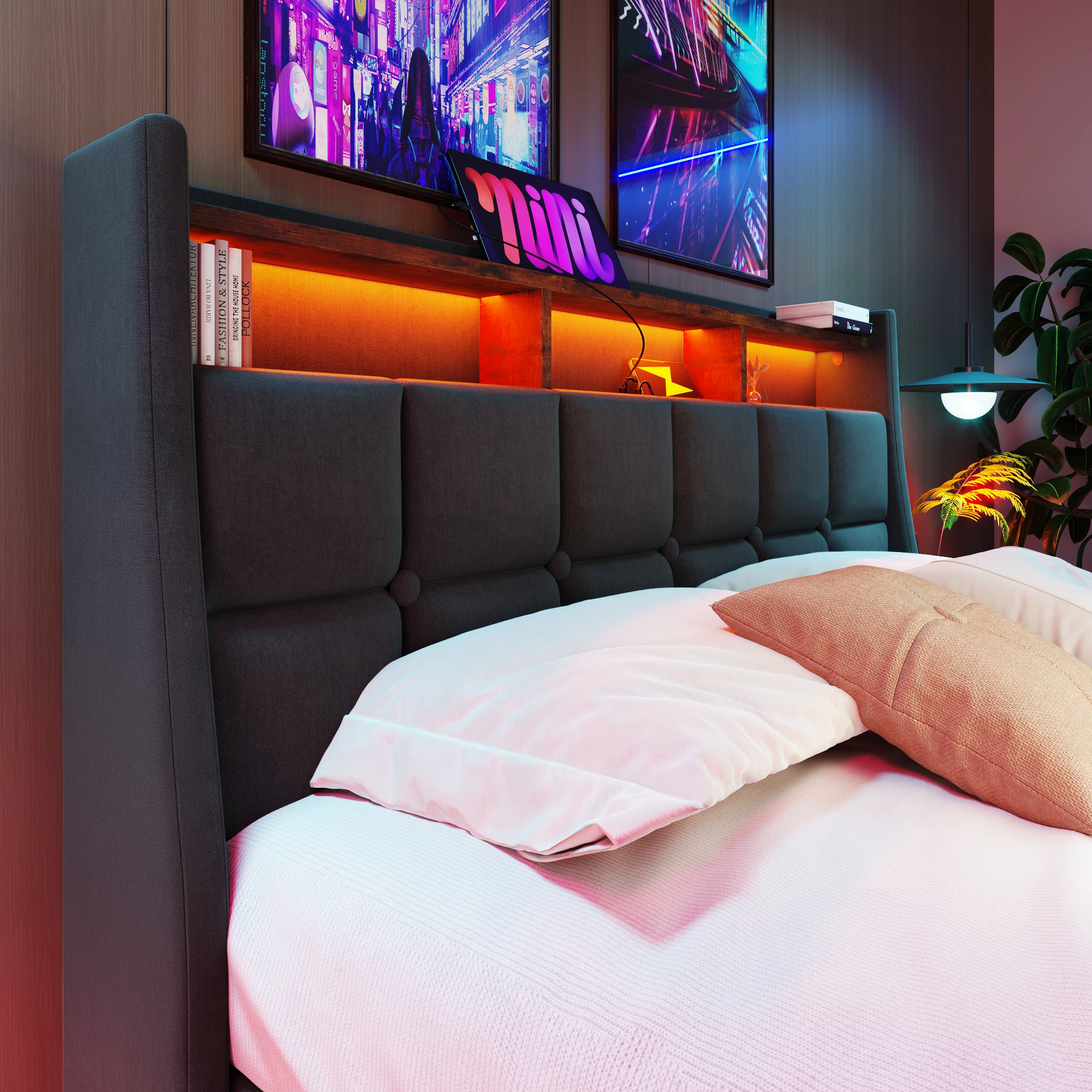 Upholstered Double Bed 135 x 190 cm with LED Lighting, USB-C Charging, Storage Headboard, Metal Slatted Frame, Grey Linen