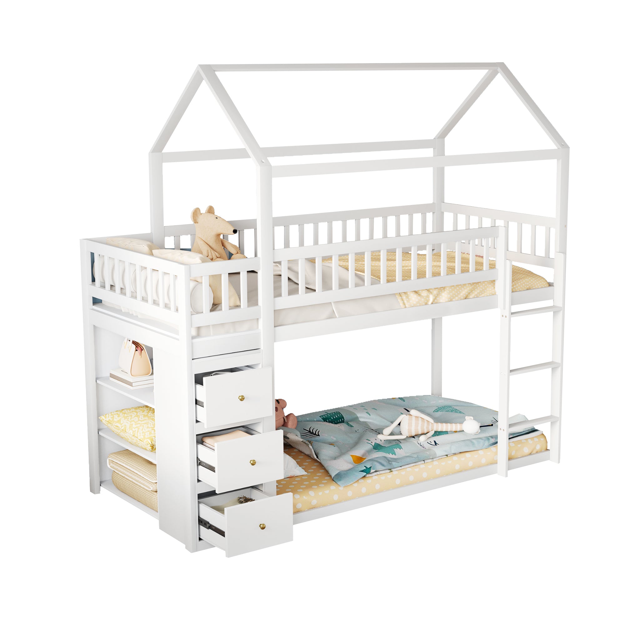 Bunk Bed, House Shape with Storage and Ladder, Solid Wood, White
