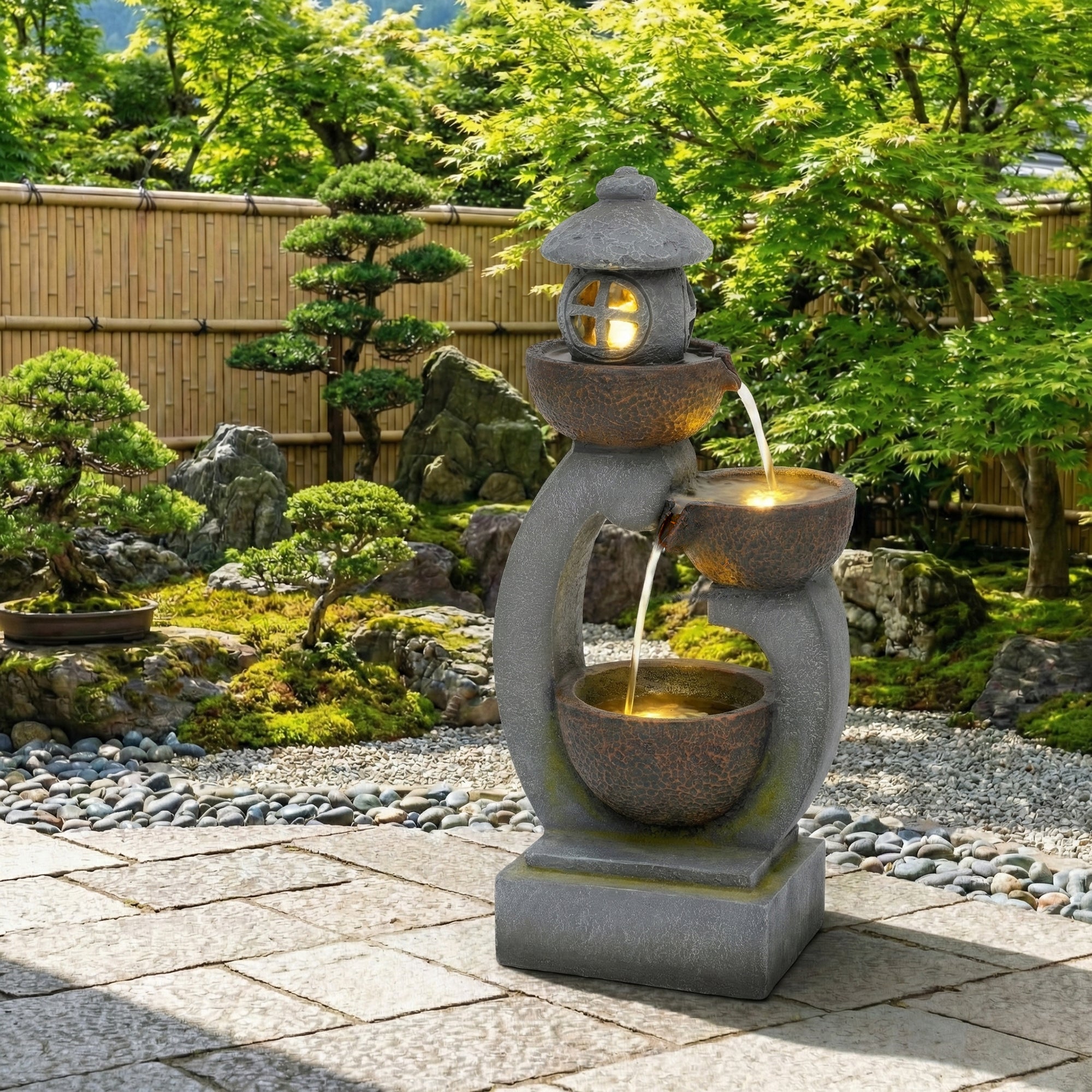 Japanese Garden Zen LED Outdoor Fountain, 95 cm with Tranquil Water Feature, Stone Grey