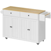 Rolling Kitchen Island 2 Drawers 2 Cabinets Spice Towel Knife Storage - White MDF