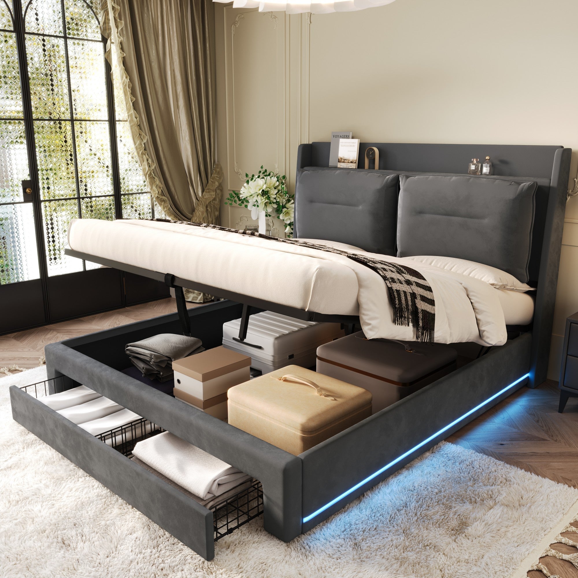 Upholstered Bed, 150x200 (5ft) King Size, Hydraulic with 2-in-1 End Storage Drawers, LED Light Strips & Slatted Frame, Dark Gray Velvet