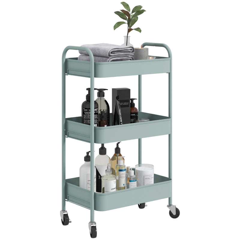 Three-Tier Storage Trolley, Multi-Purpose Rolling Cart, Steel, Light Blue