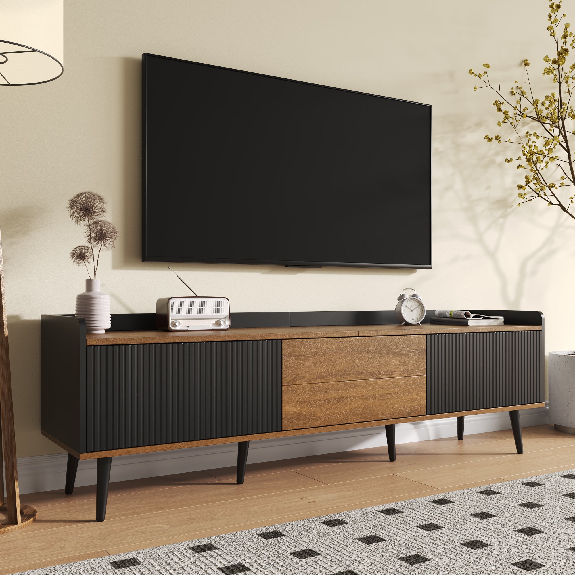 TV Cabinet Three-Door Base Cabinet, Compact Design, Black and Natural Wood