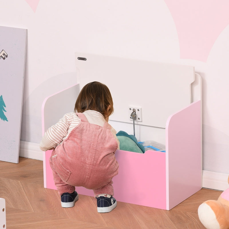 Kids Wooden Toy Box Storage Chest Bench Safety Hinge, Pink