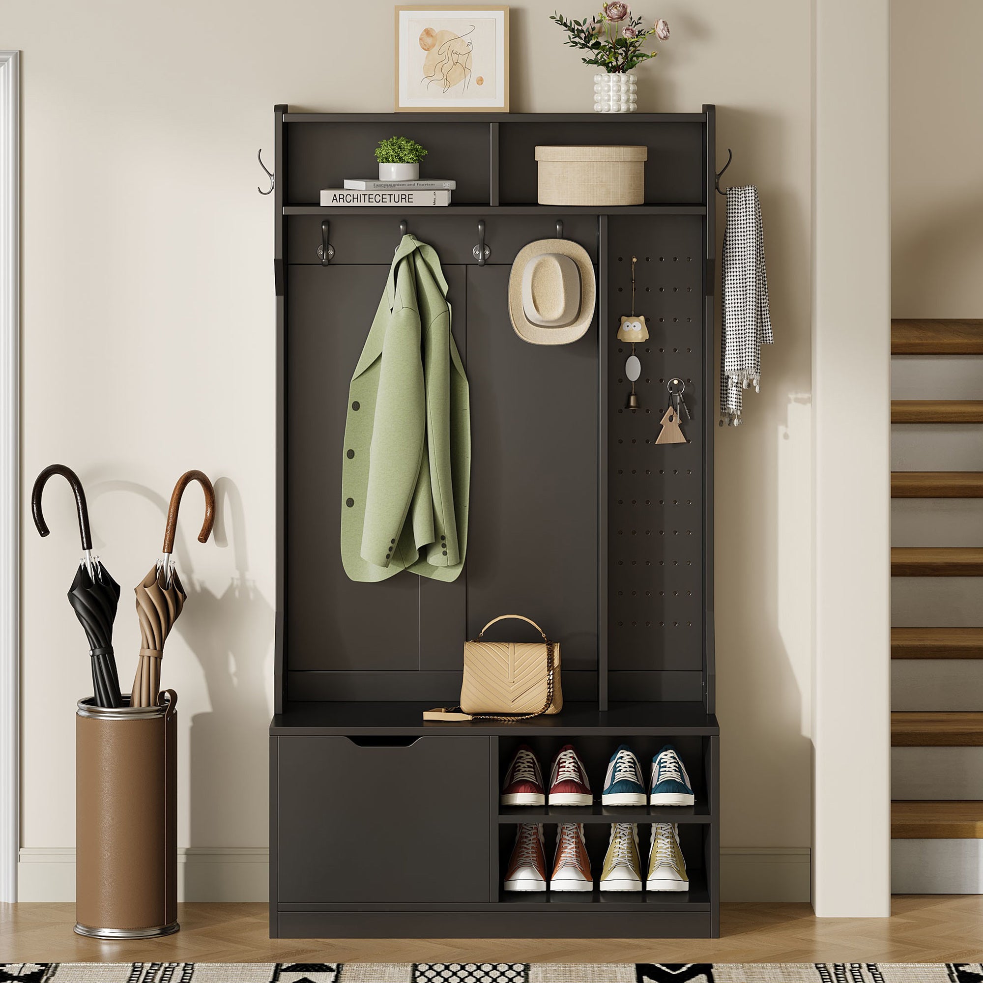 Wardrobe Set Hallway Bench Storage 6 Hooks Black