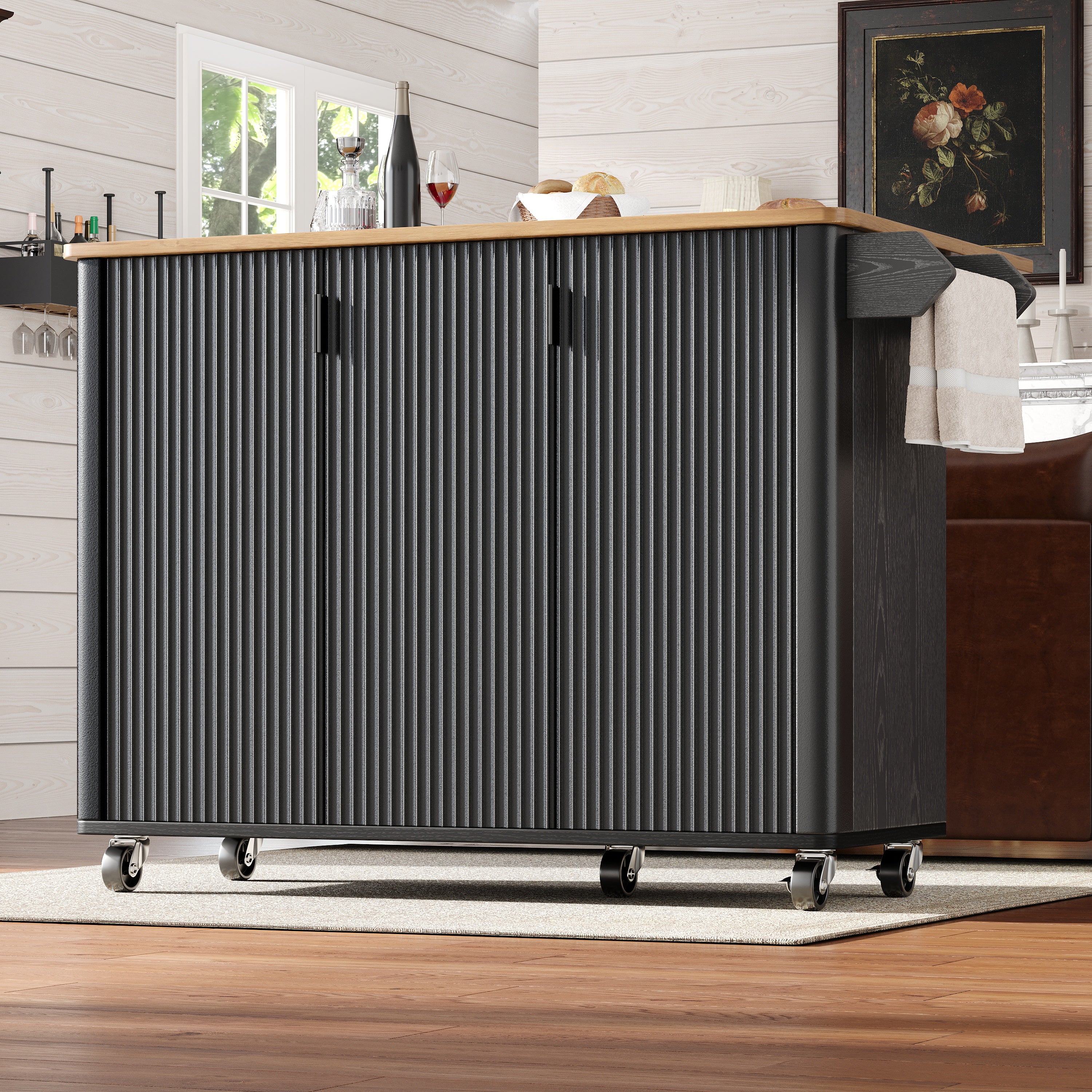 Kitchen Island Extendable 130cm Trolley 3 Doors Spice Rack - White/Black