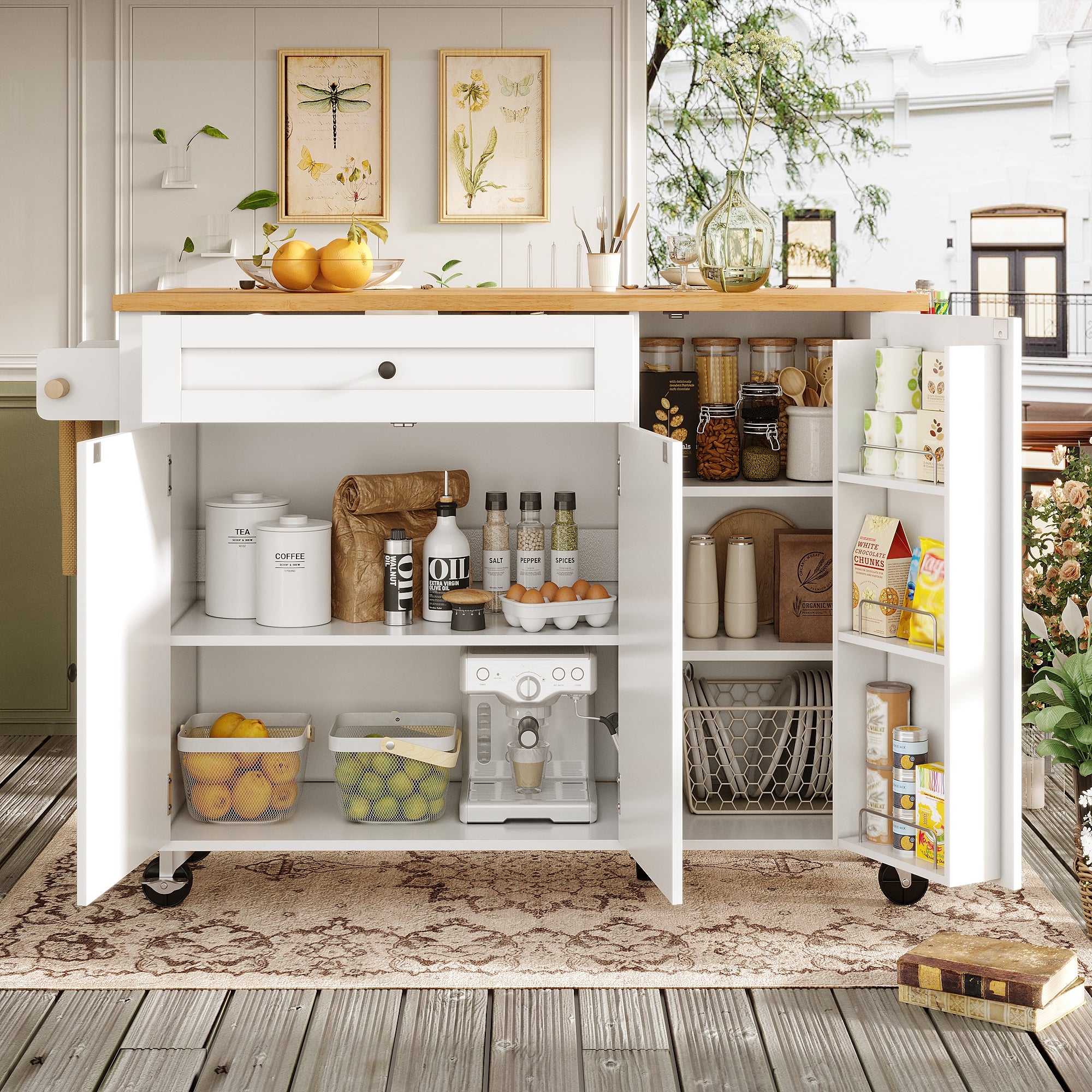Mobile Kitchen Island with Foldable Table and Storage Drawers, White MDF