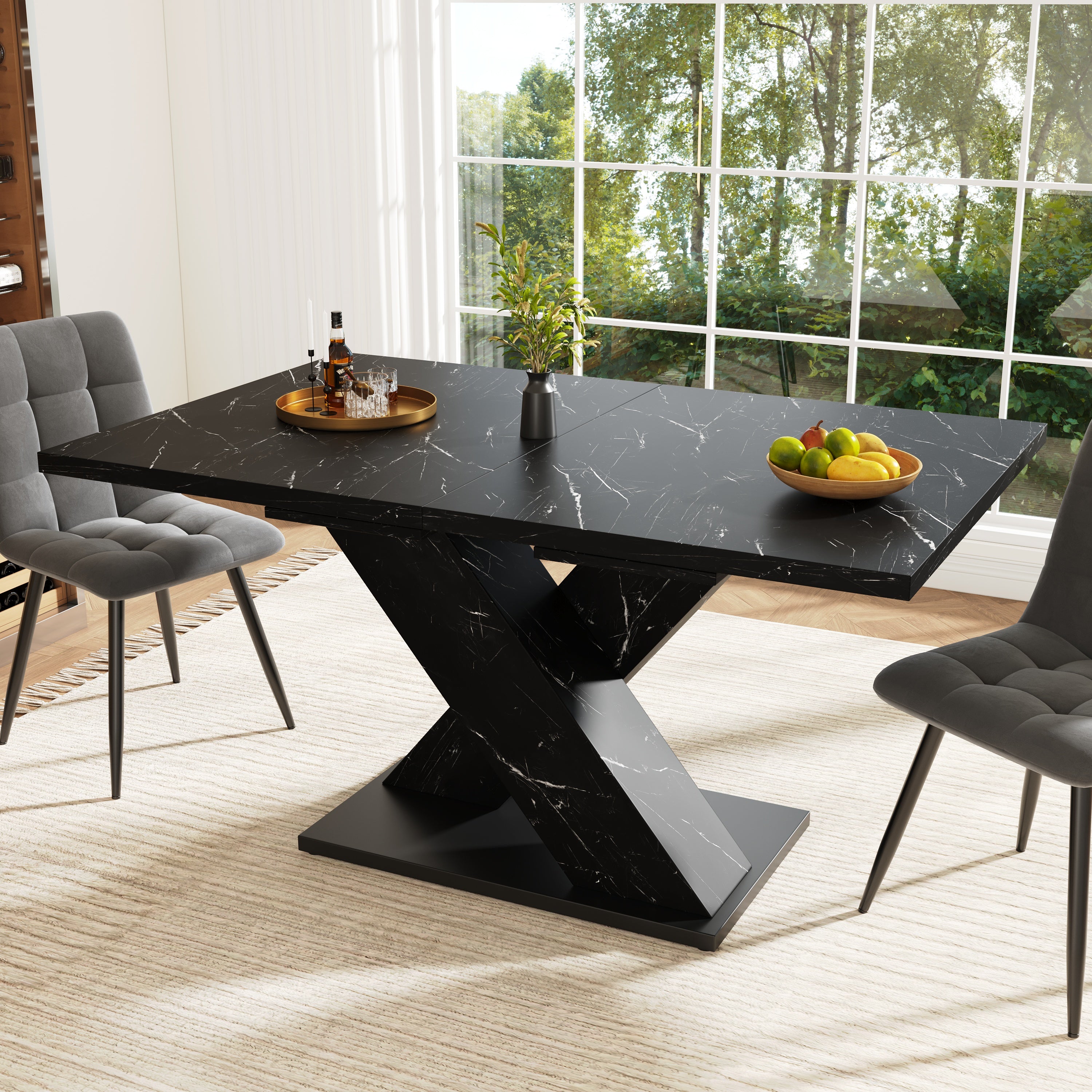 Extendable Dining Table with X-Design for 4-6 People, Black Marble Look
