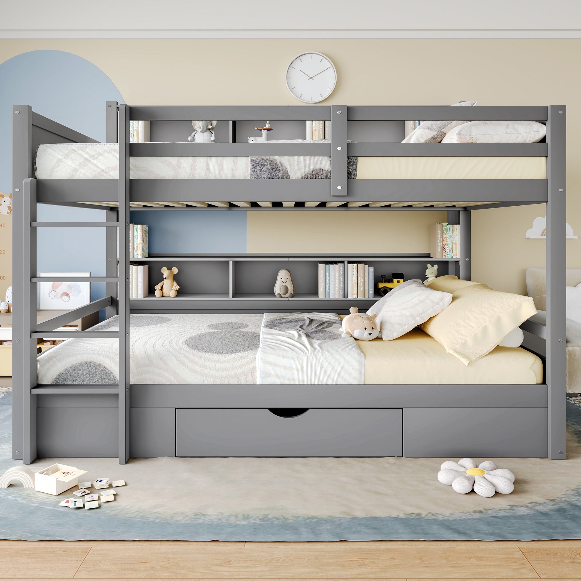 Bunk Bed 90x200cm Single Bed with Drawers Storage Without Mattress Grey