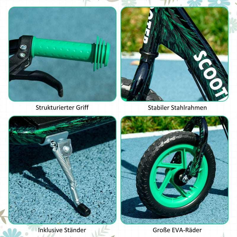Children's Kick Scooter with Height-Adjustable Handlebar, Brake and Stand, Green Steel