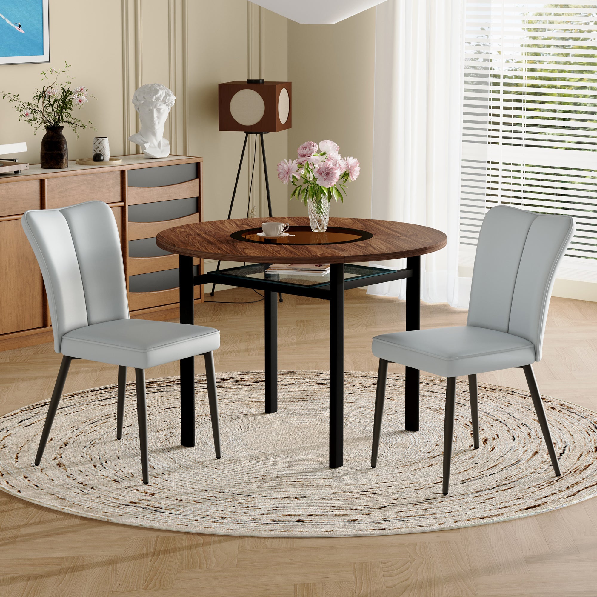 Modern Minimalist Round Dining Set, 100cm Wood Look Table, Light Grey PU Chairs