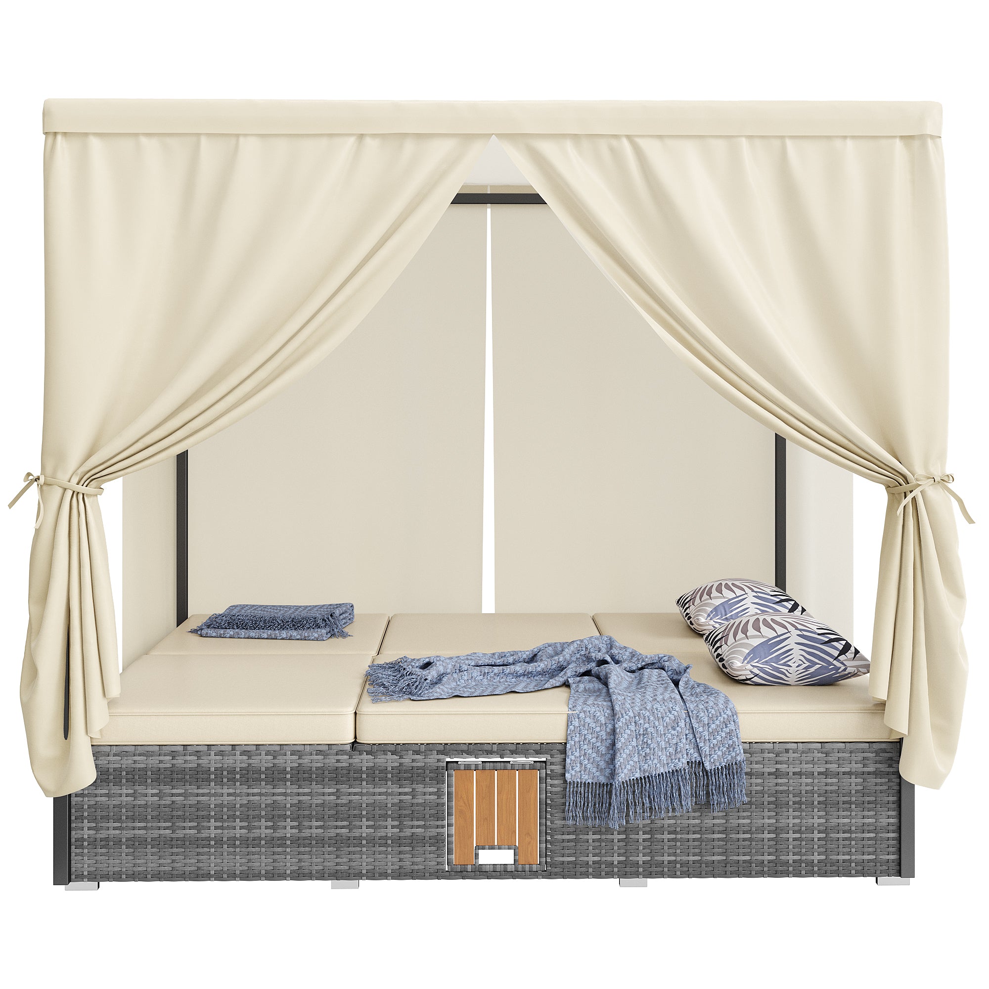 Rattan Garden Lounger Double Bed with Shade Curtain, Foldable & Table - Cream-White